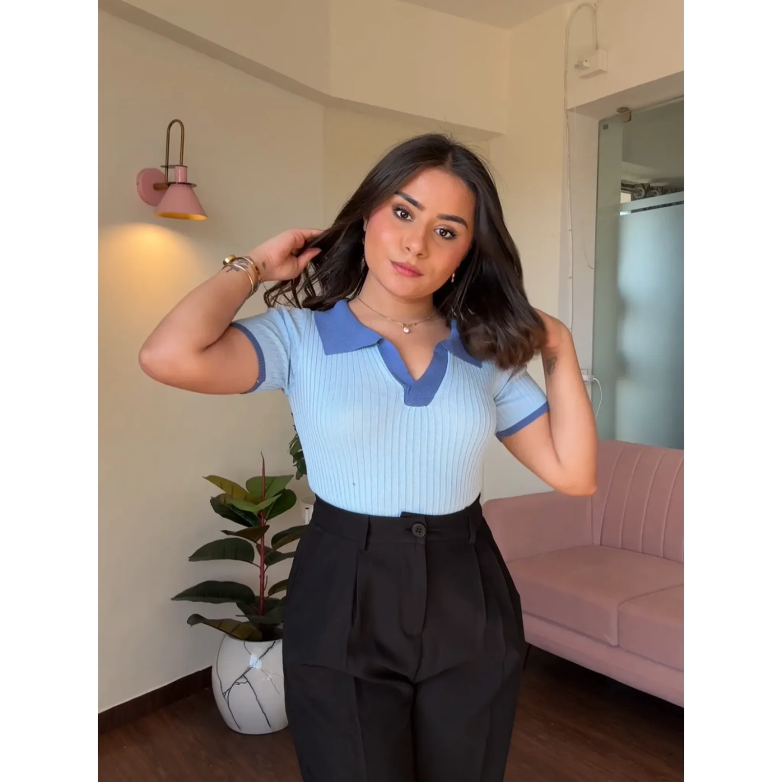 Contrast Collar Ribbed Bodycon Top