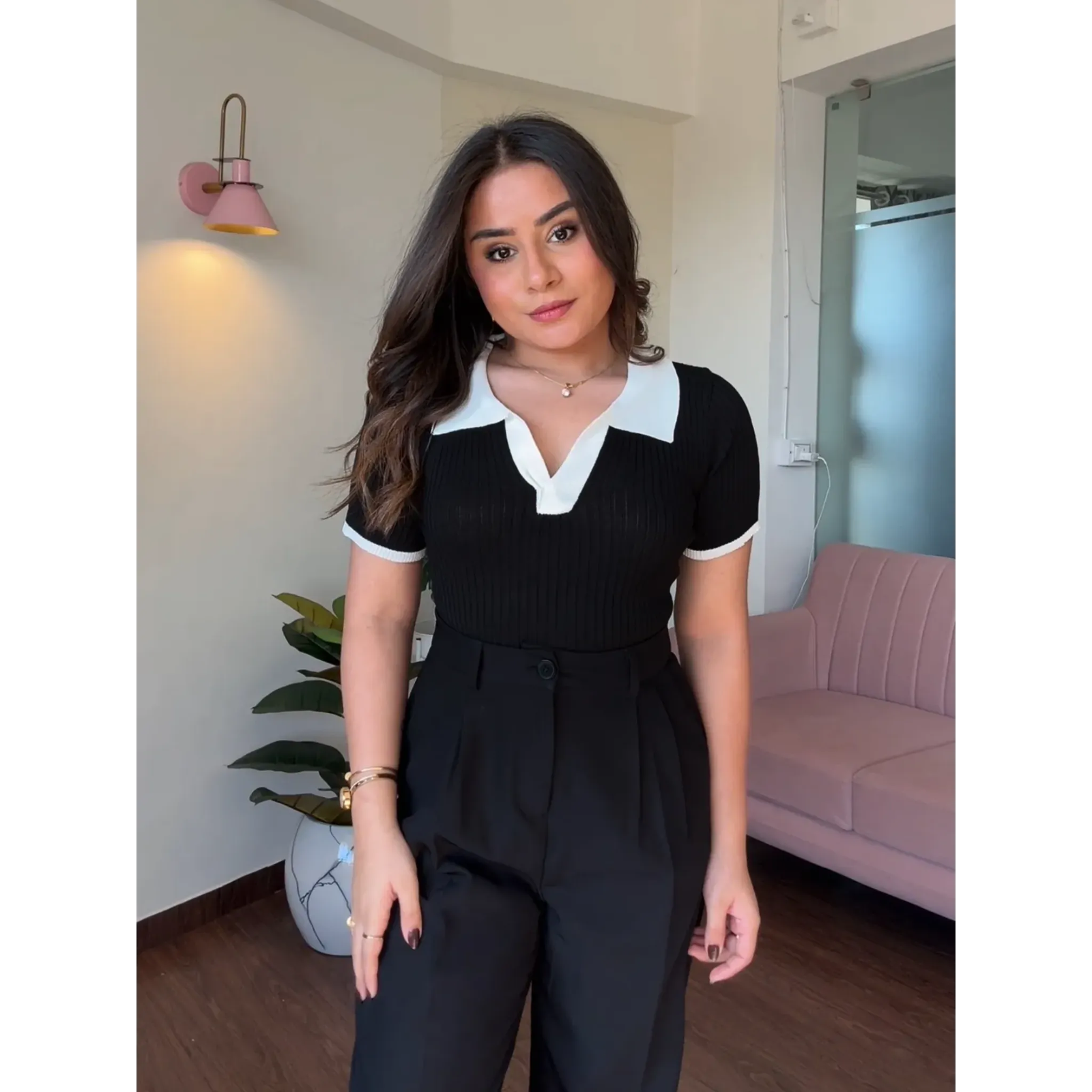 Contrast Collar Ribbed Bodycon Top