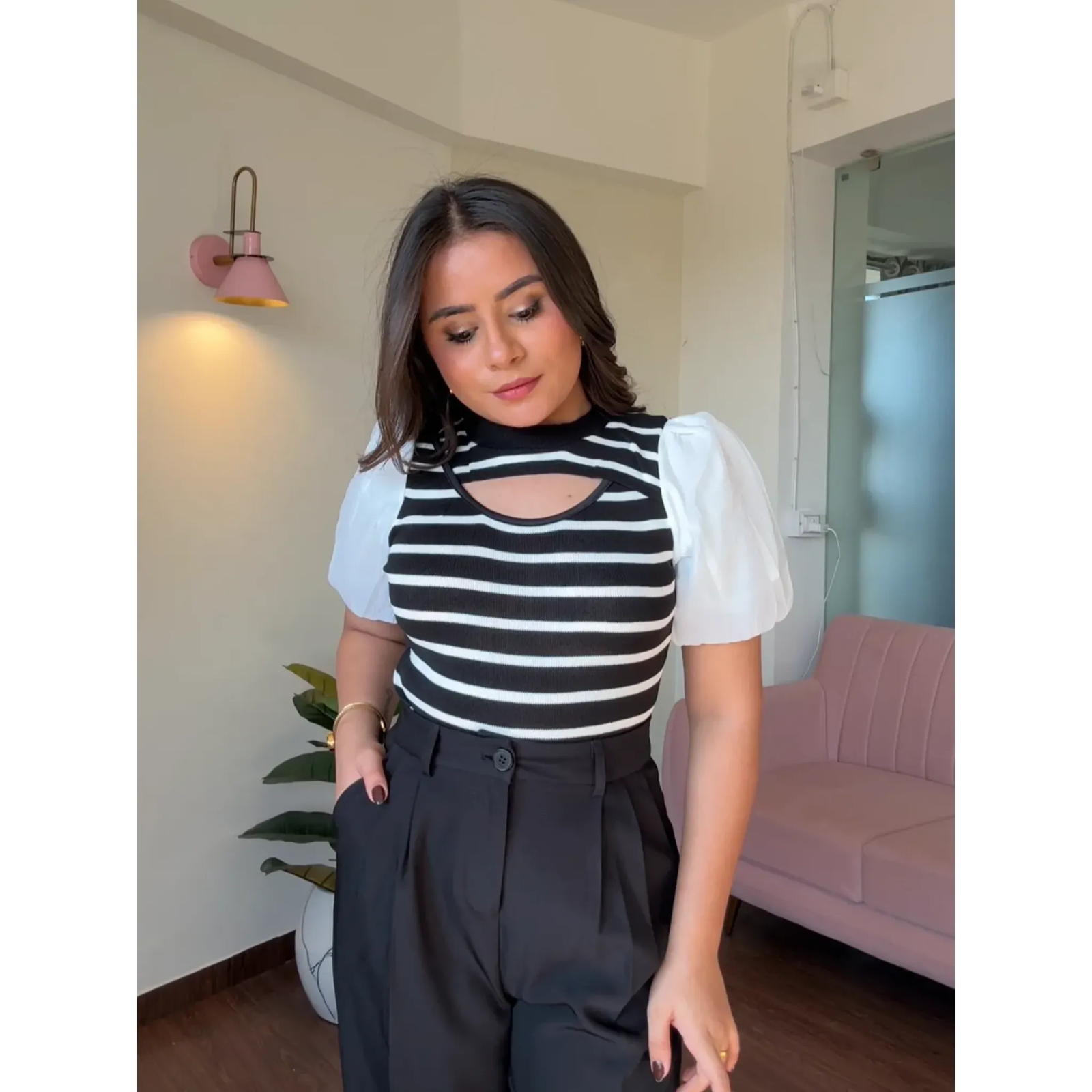 Puff Sleeve Stripe Cut Out Top