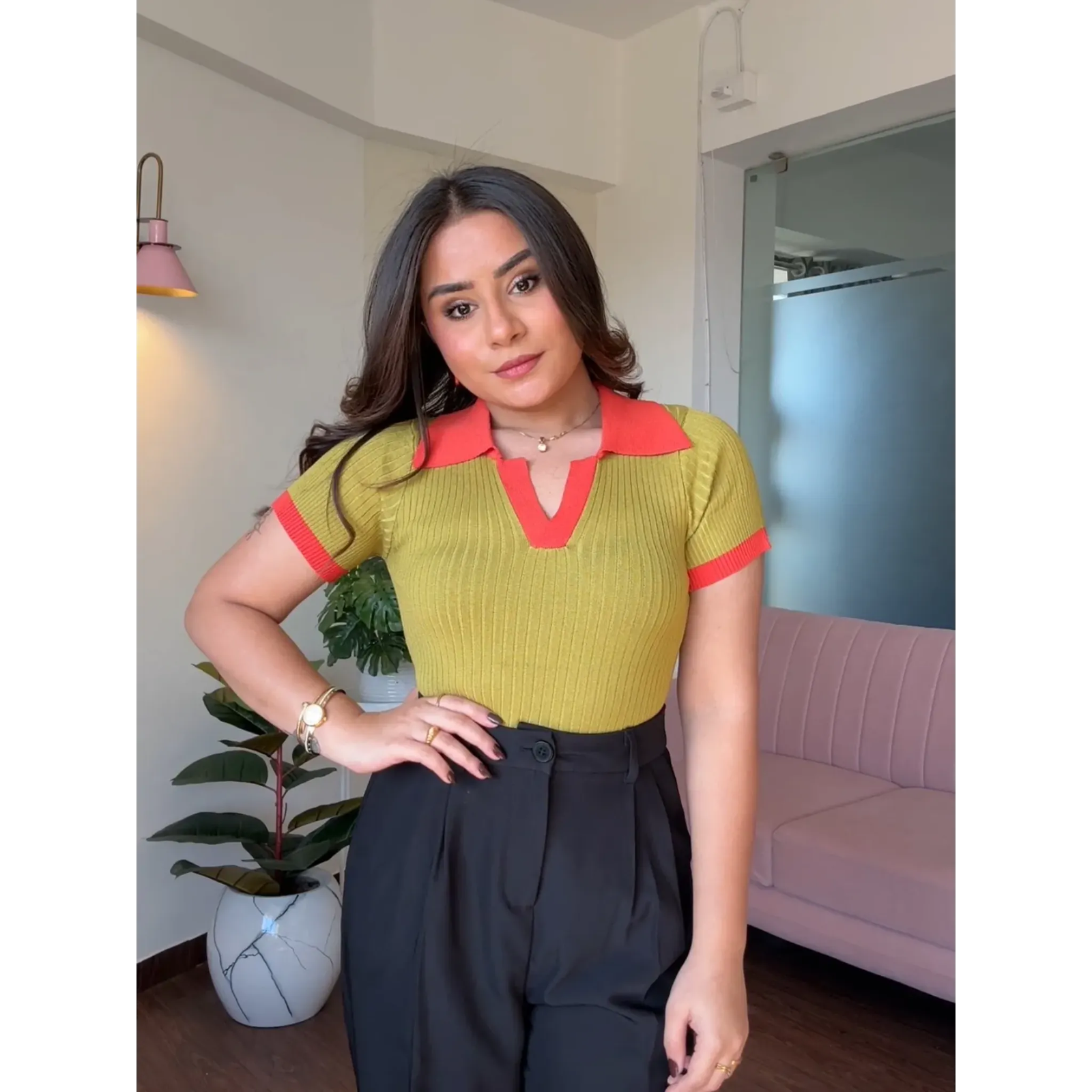 Contrast Collar Ribbed Bodycon Top