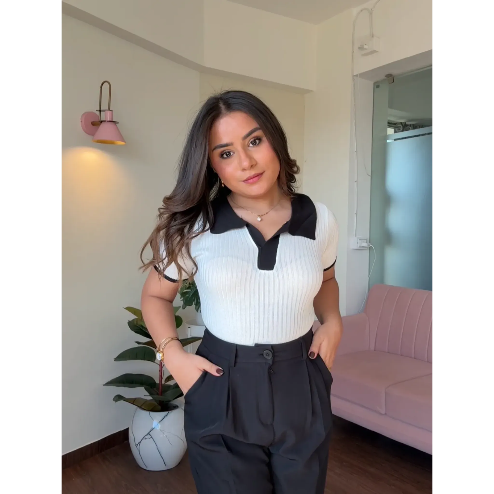 Contrast Collar Ribbed Bodycon Top