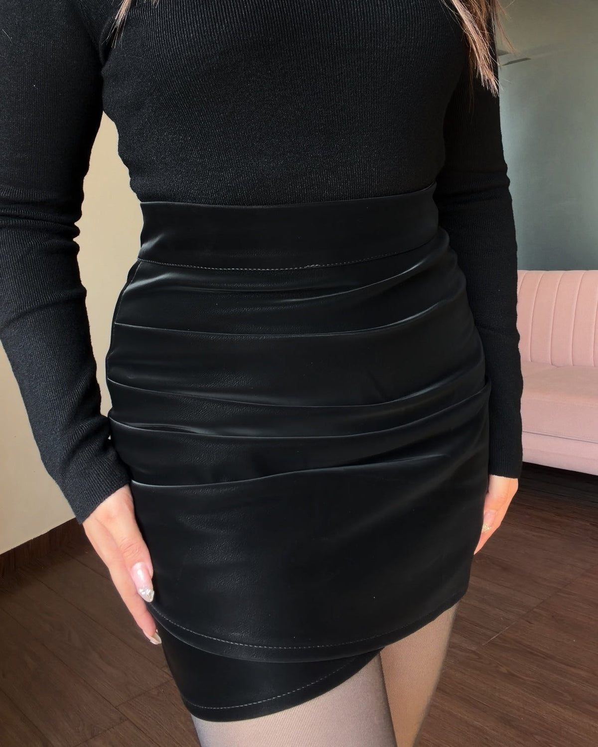 Classic Turtleneck Top & Ruched Matte Leather Skirt