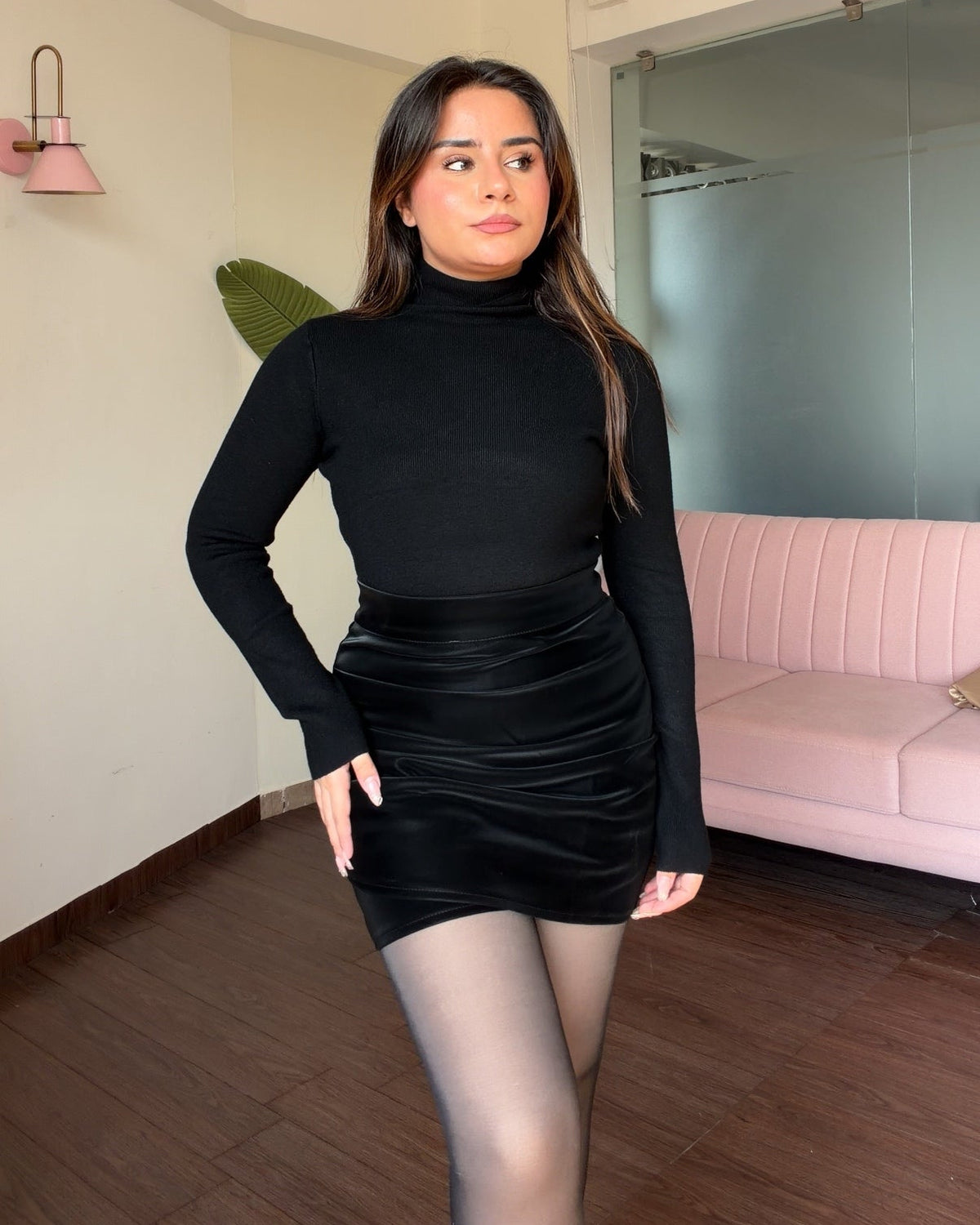 Classic Turtleneck Top & Ruched Matte Leather Skirt