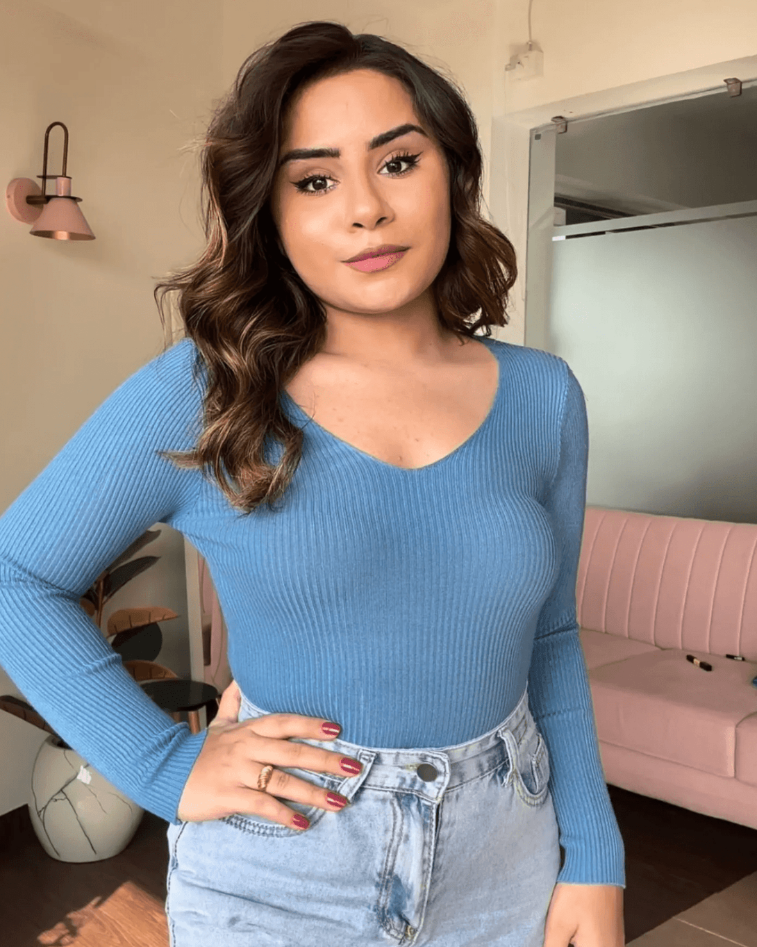 V Neck Ribbed Knitted Top