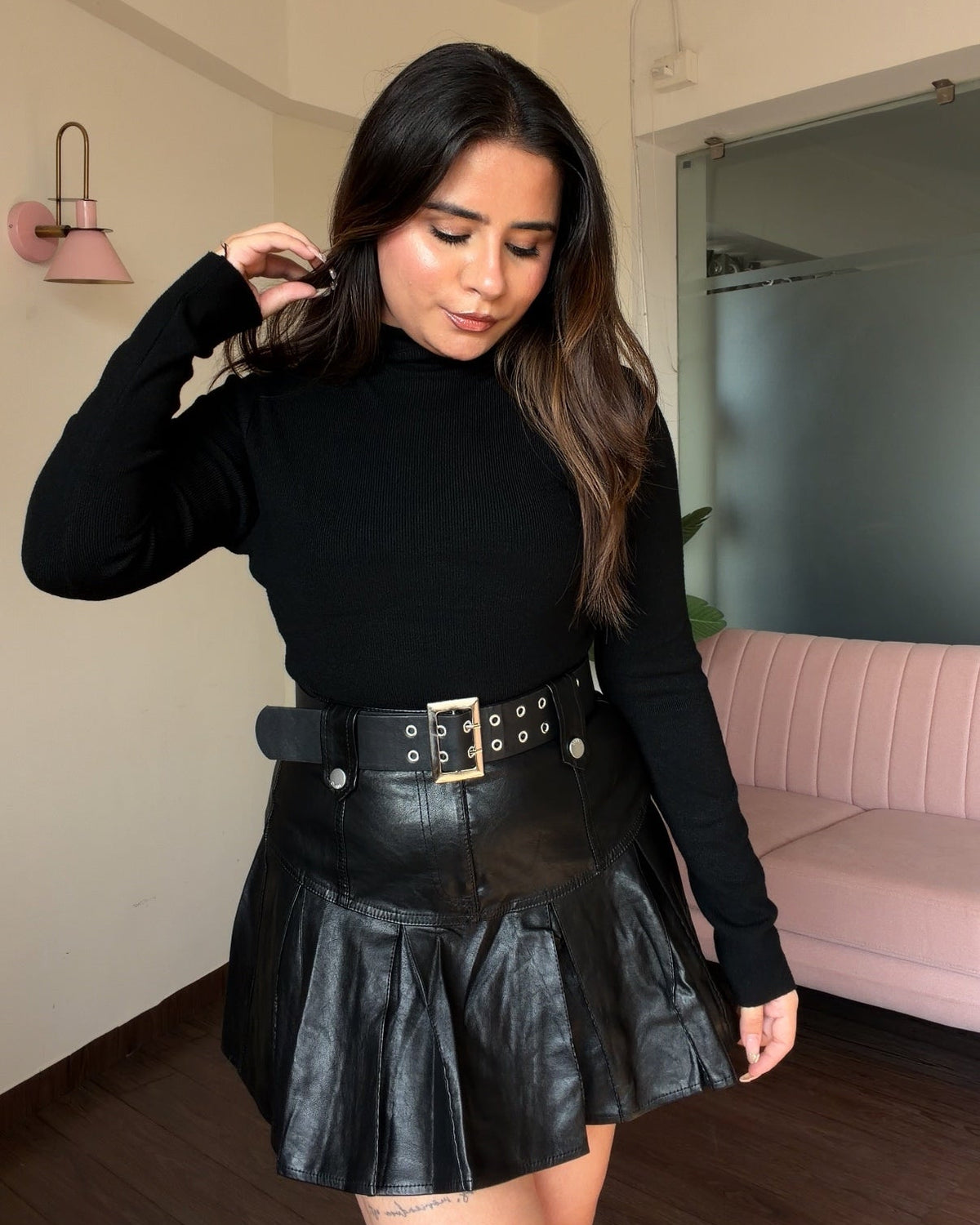 Leather Pleated Mini Skater Skirt With Belt