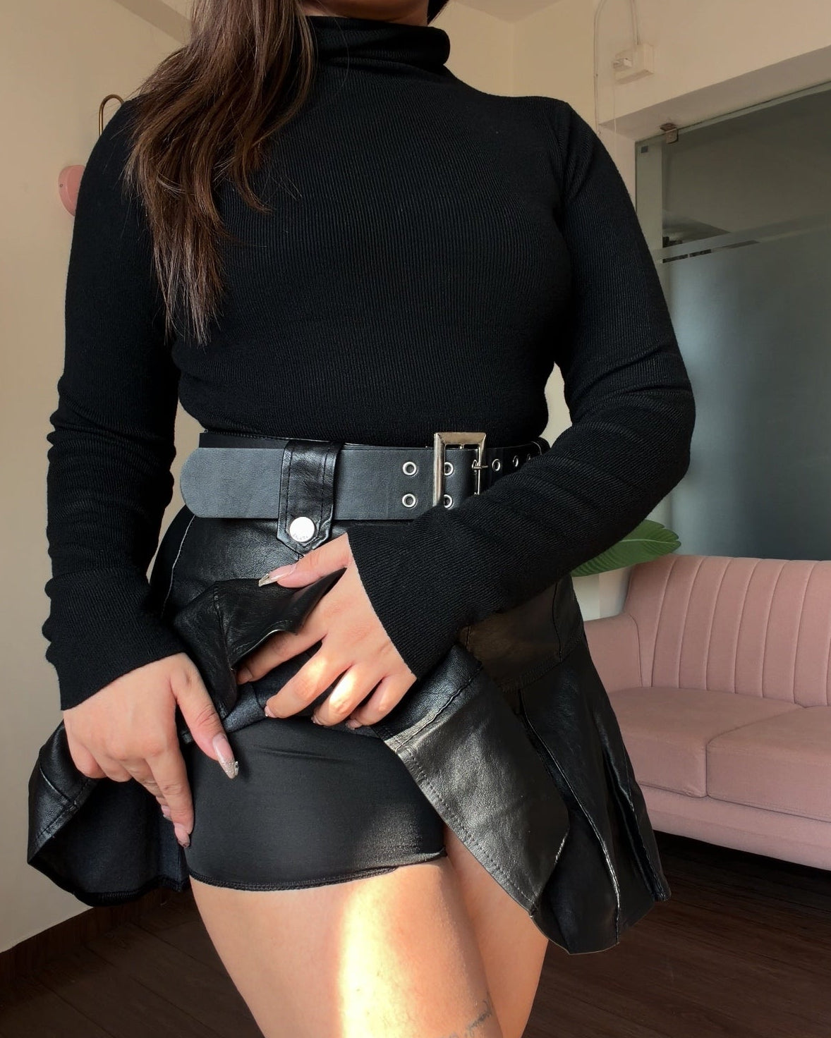 Leather Pleated Mini Skater Skirt With Belt