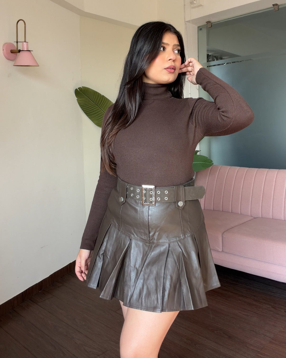 Leather Pleated Mini Skater Skirt With Belt