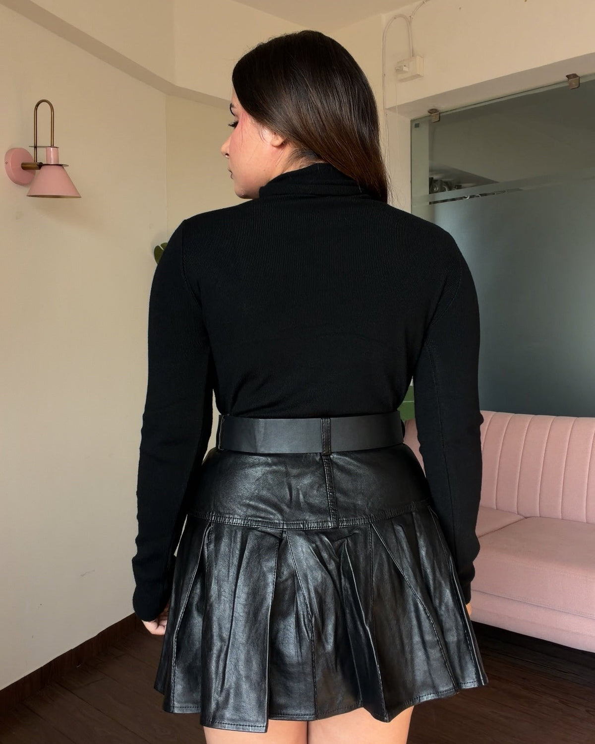 Leather Pleated Mini Skater Skirt With Belt