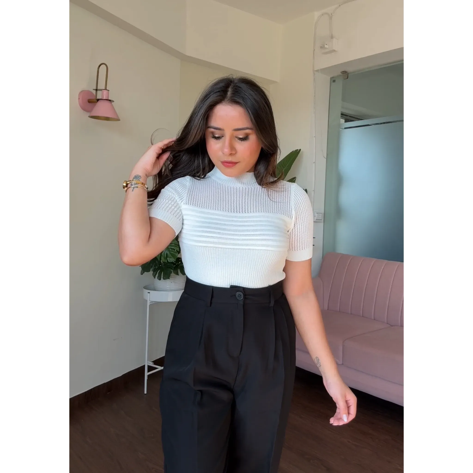 Textured High Neck Netted Top