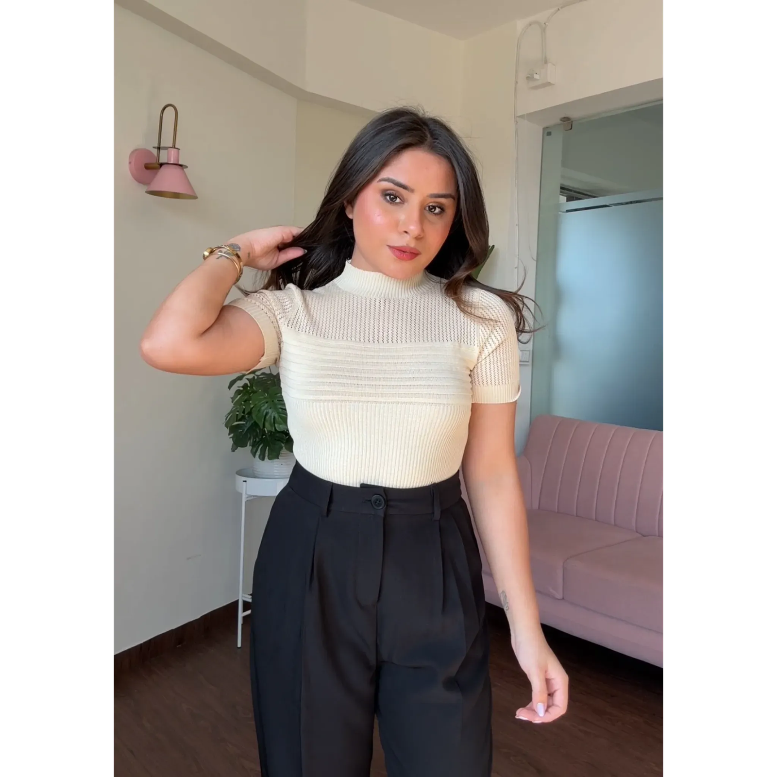 Textured High Neck Netted Top