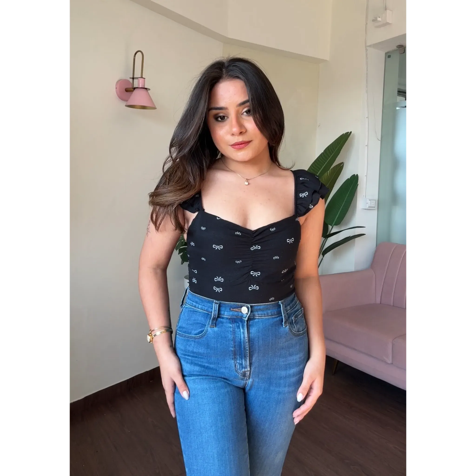 Bow Printed Ruffle Strap Top