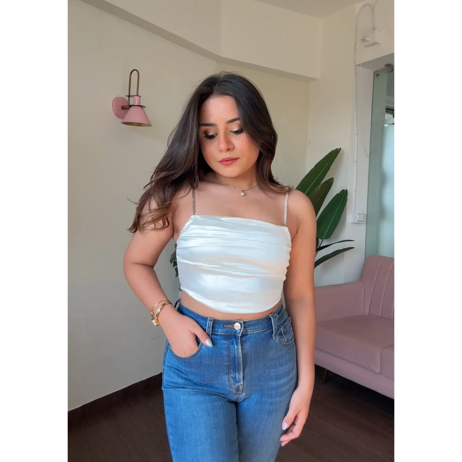 Rhinestone Strap Detail Corset Cami Top