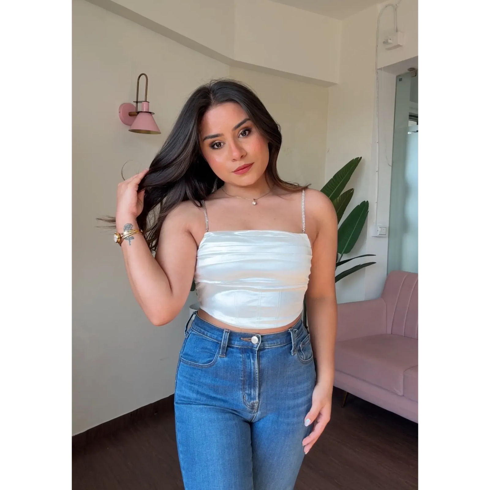 Rhinestone Strap Detail Corset Cami Top