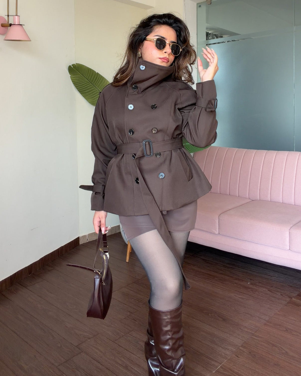 High Neck Detailing Classic Mini Trench Coat