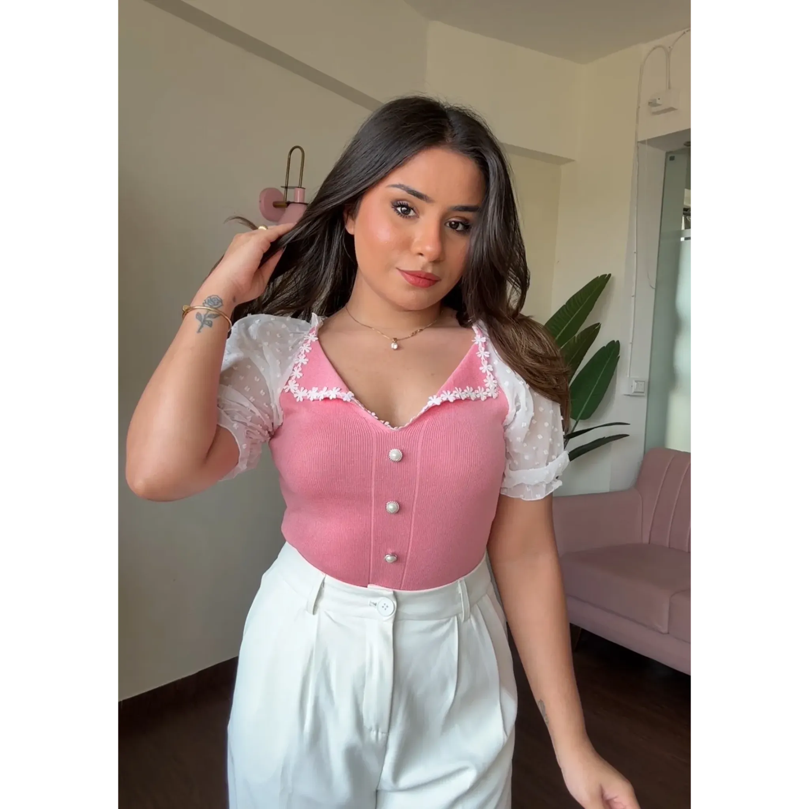 Korean Puff Sleeves Floral Lacy Top