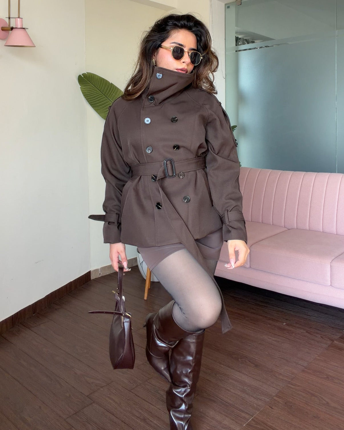 High Neck Detailing Classic Mini Trench Coat