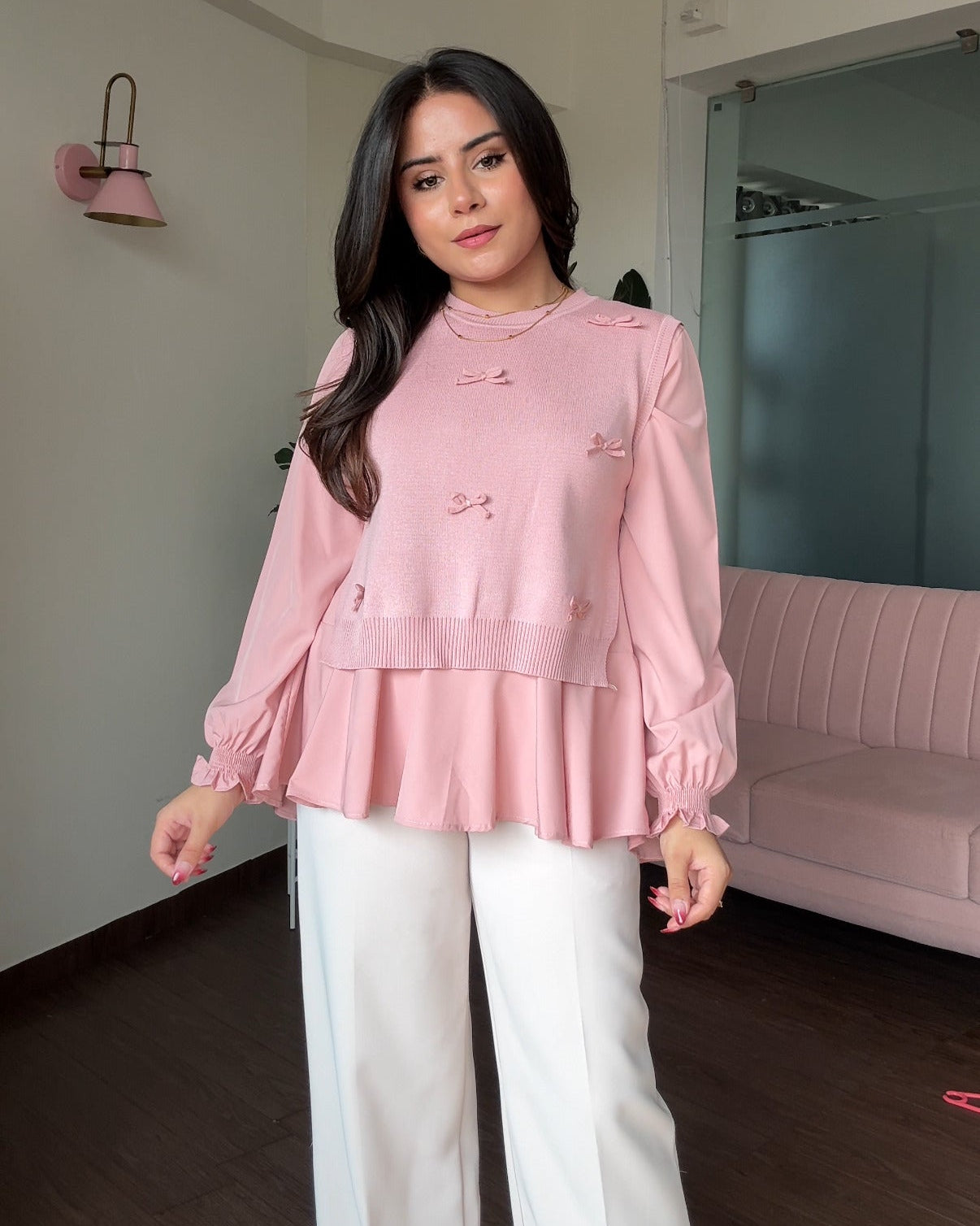 2-Piece Bow Ruffle Blouse With Vest Top