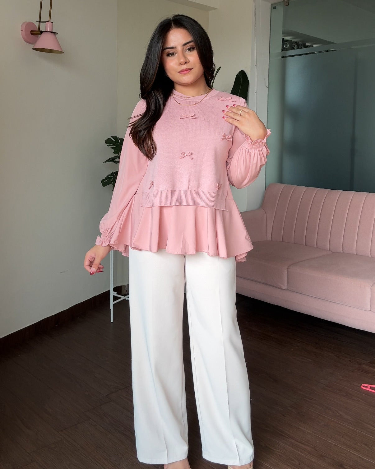 2-Piece Bow Ruffle Blouse With Vest Top