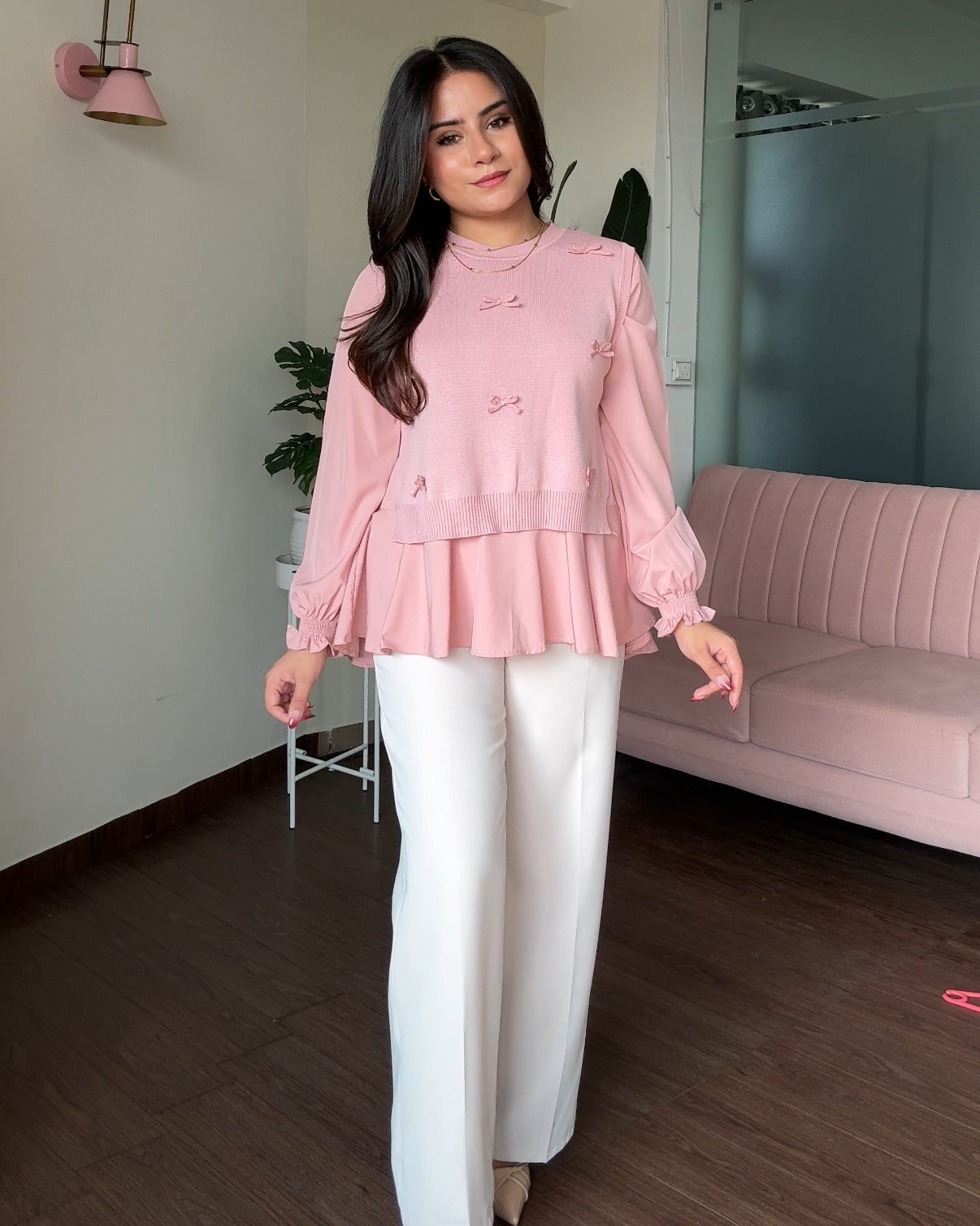 2-Piece Bow Ruffle Blouse With Vest Top