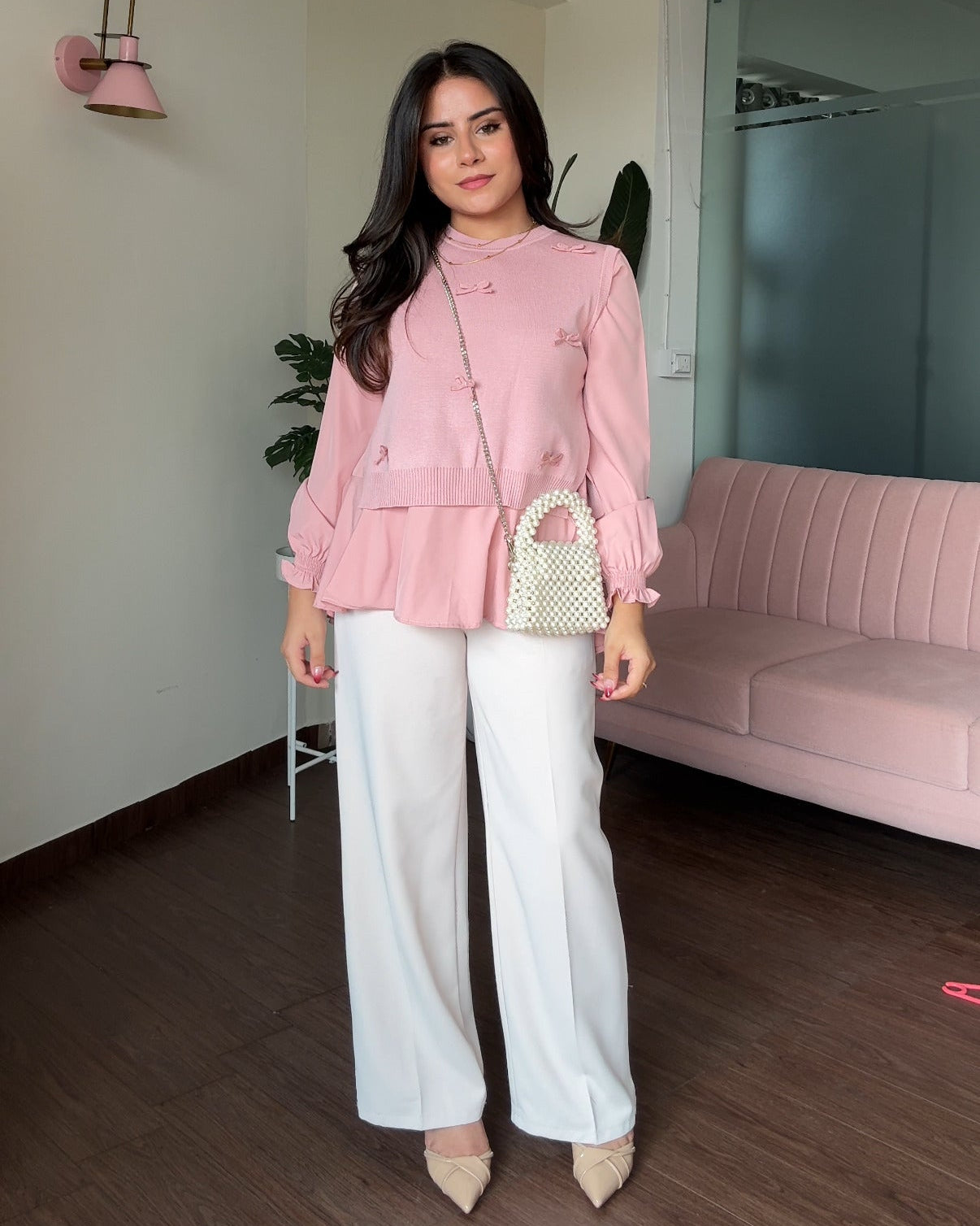 2-Piece Bow Ruffle Blouse With Vest Top