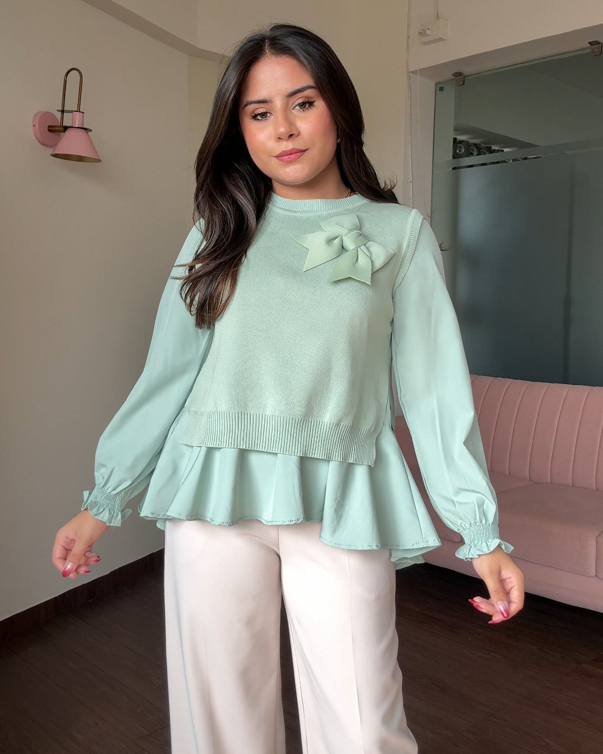 2-Piece Ribbon Bow Detailing Ruffle Blouse With Vest Top