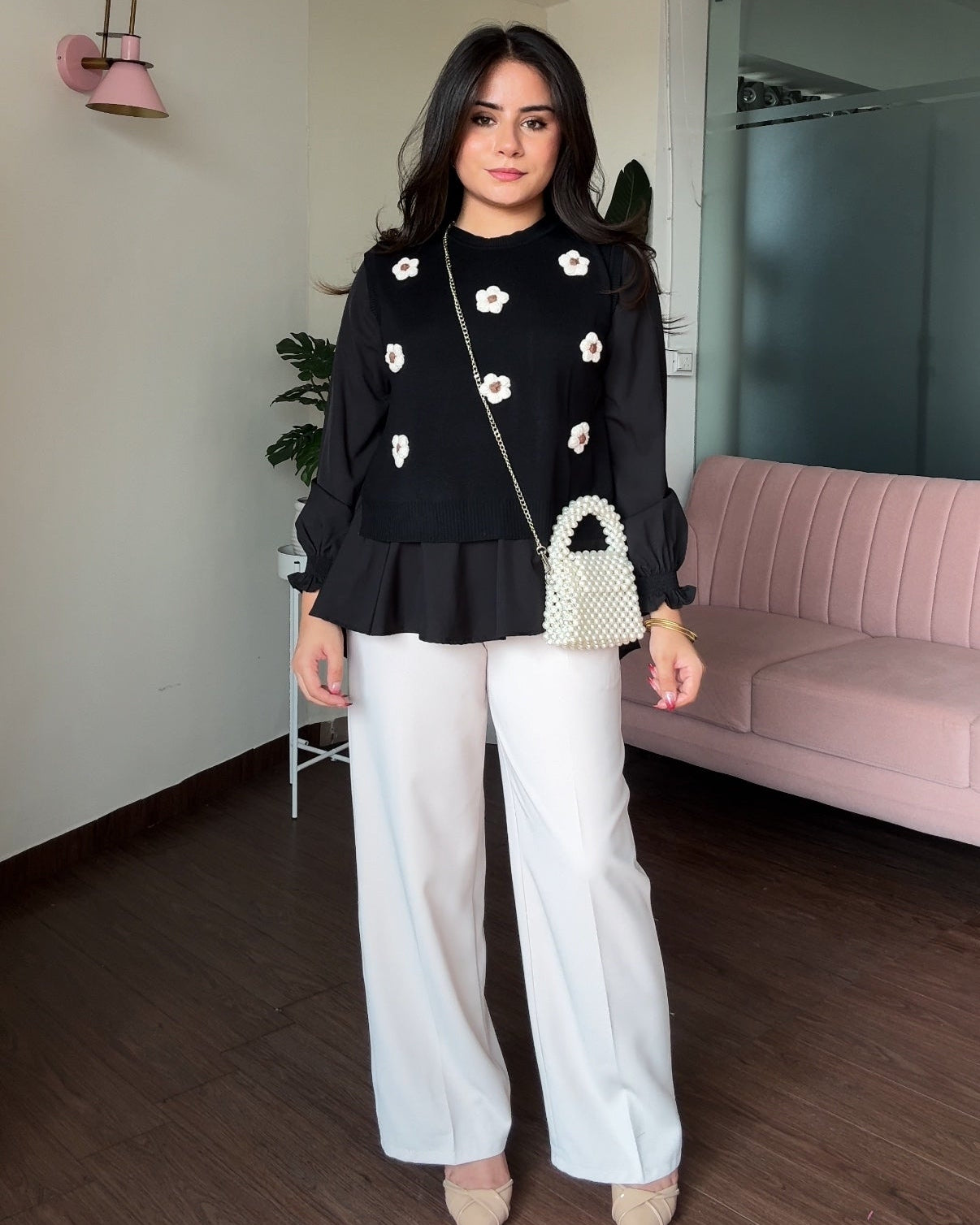 2-Piece 3D Flower Detailing Ruffle Blouse With Vest Top