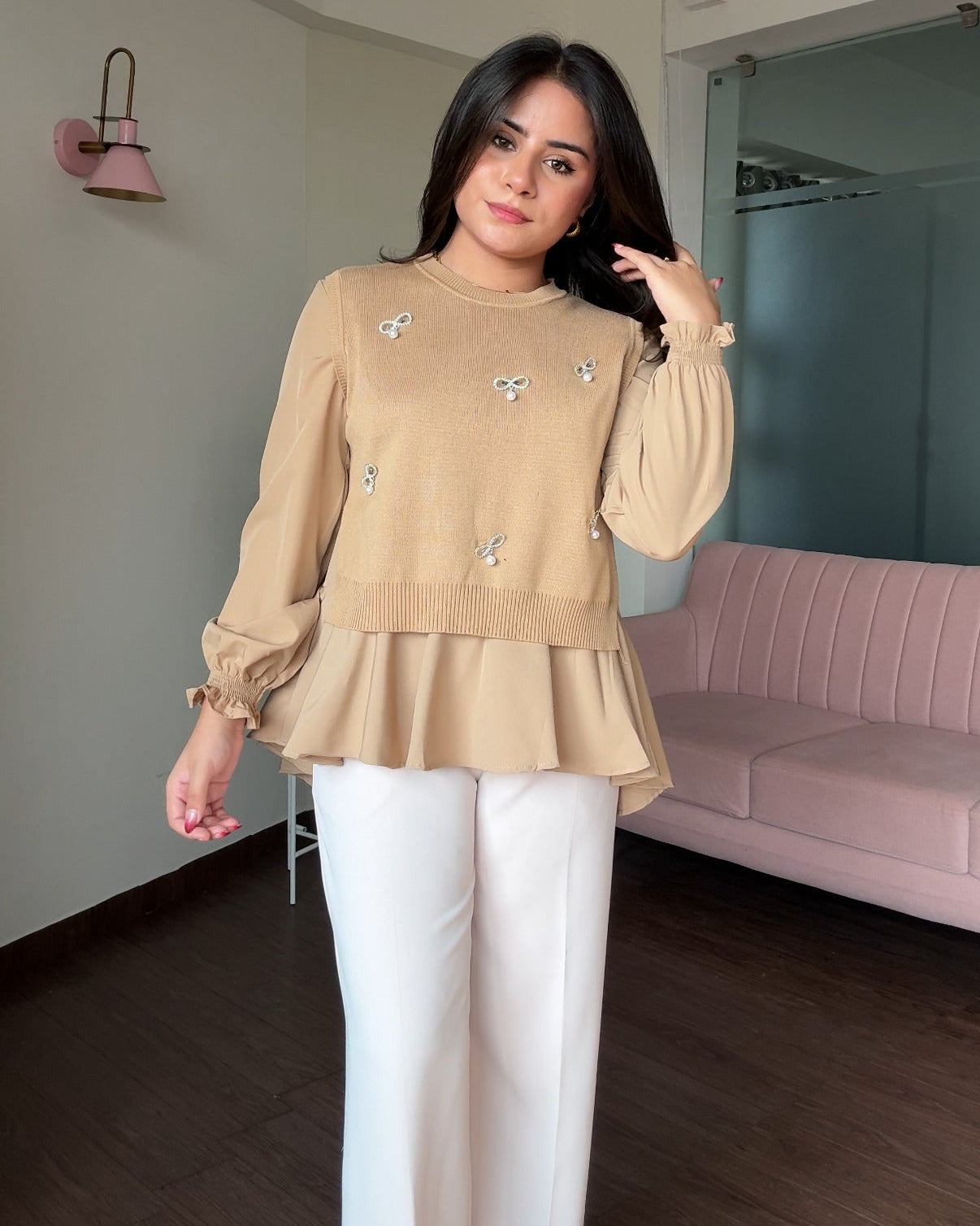 2-Piece Stone Detailing With Pearl Pins Ruffle Blouse With Vest Top