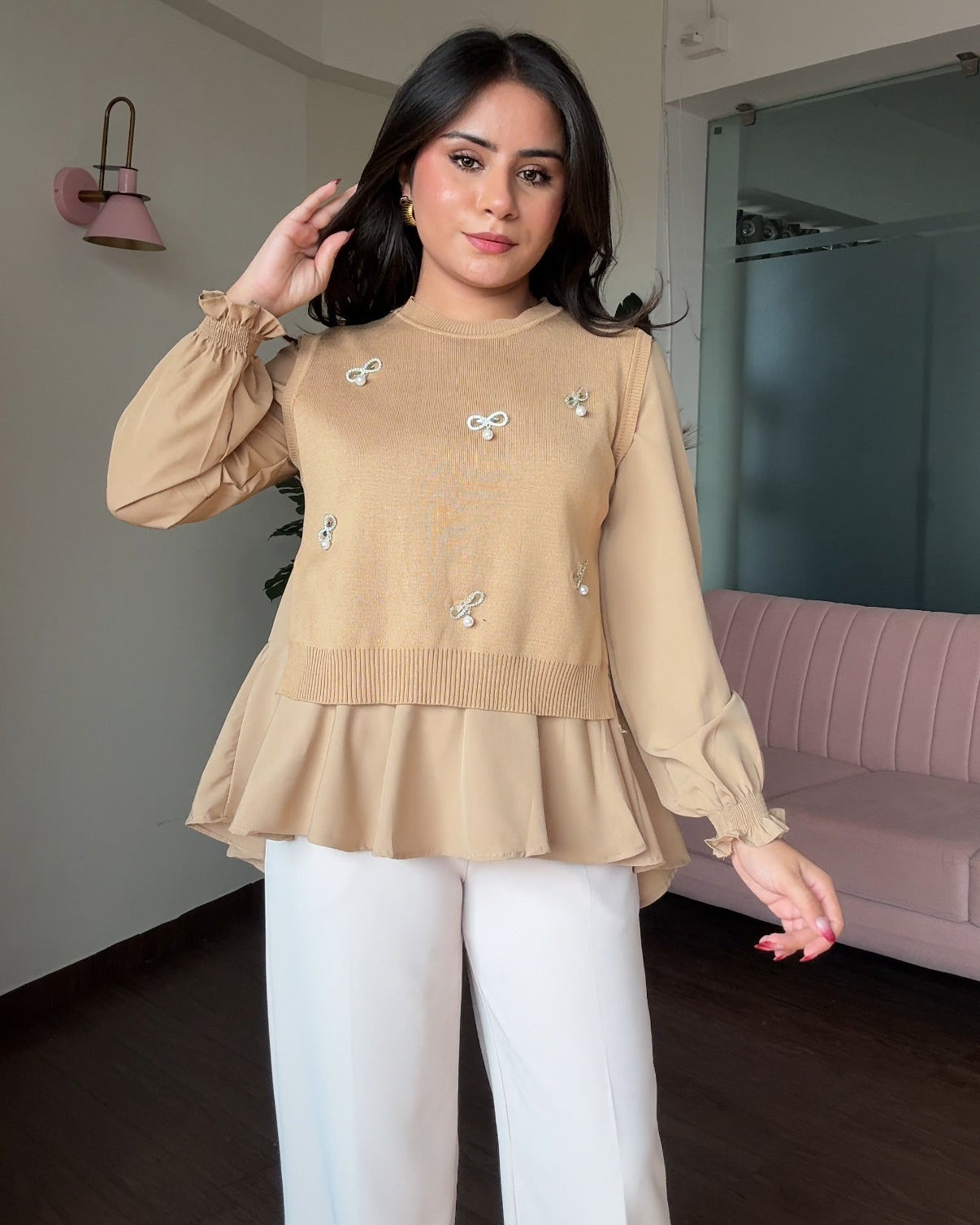 2-Piece Stone Detailing With Pearl Pins Ruffle Blouse With Vest Top
