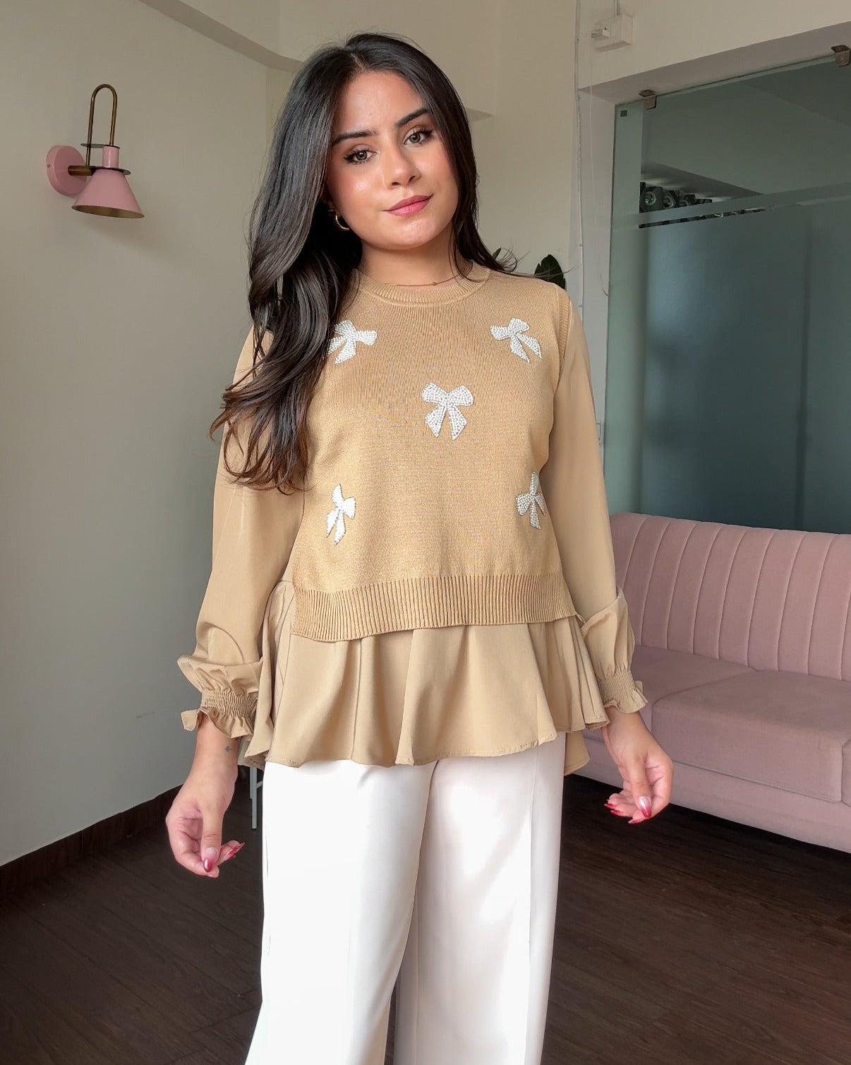 2-Piece Pearl Bow Ruffle Blouse With Vest Top