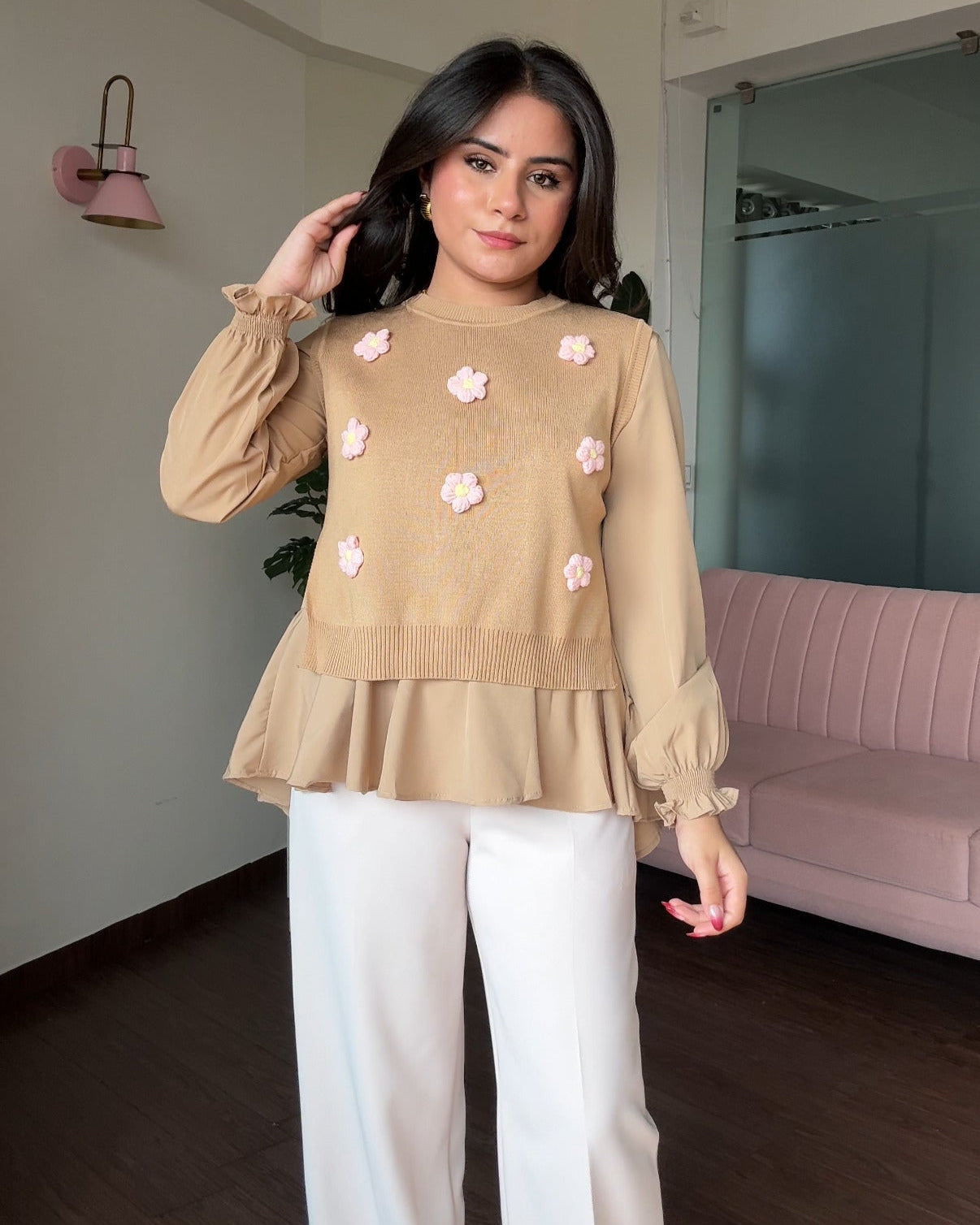 2-Piece 3D Flower Detailing Ruffle Blouse With Vest Top