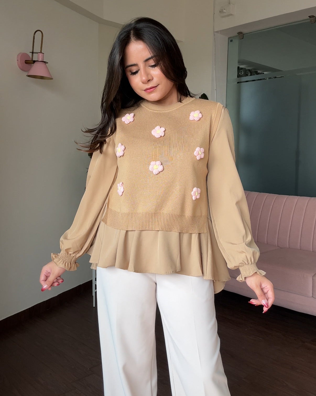 2-Piece 3D Flower Detailing Ruffle Blouse With Vest Top