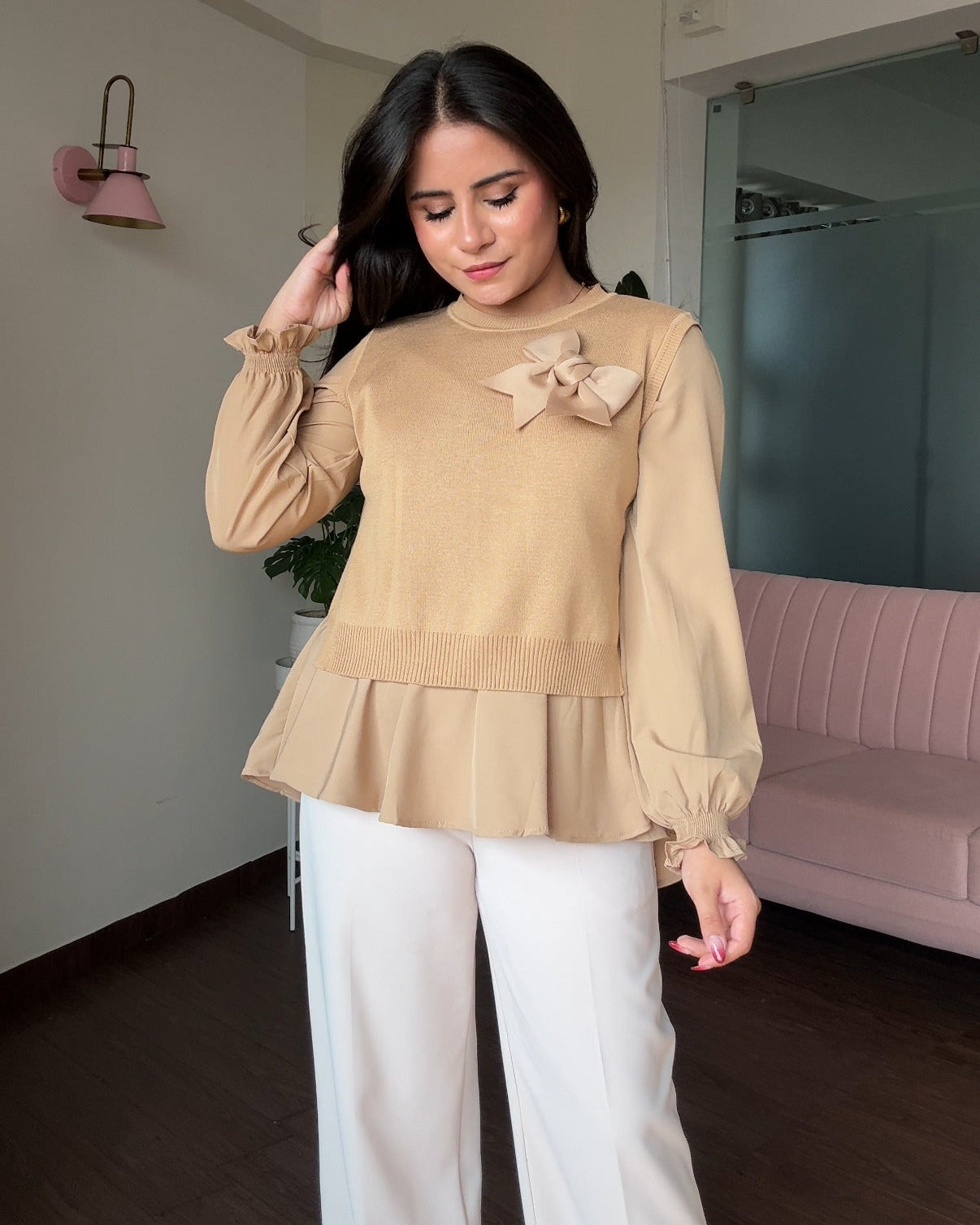 2-Piece Ribbon Bow Detailing Ruffle Blouse With Vest Top