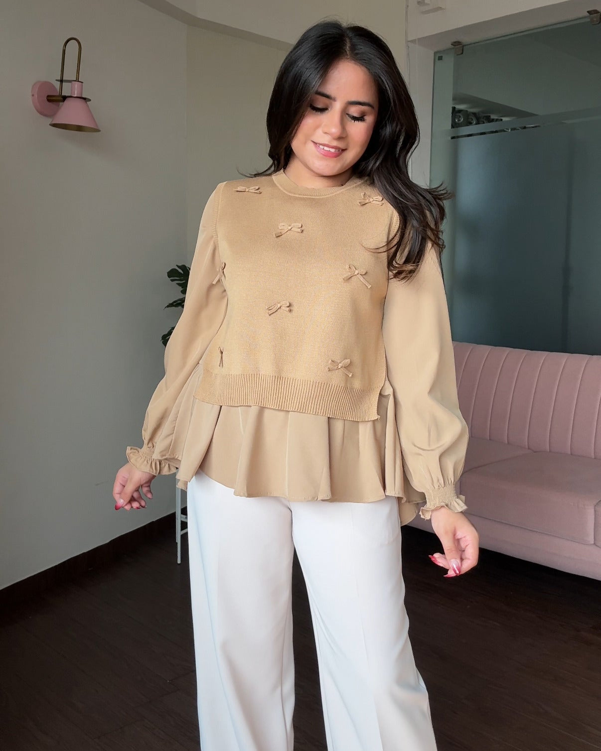 2-Piece Bow Ruffle Blouse With Vest Top