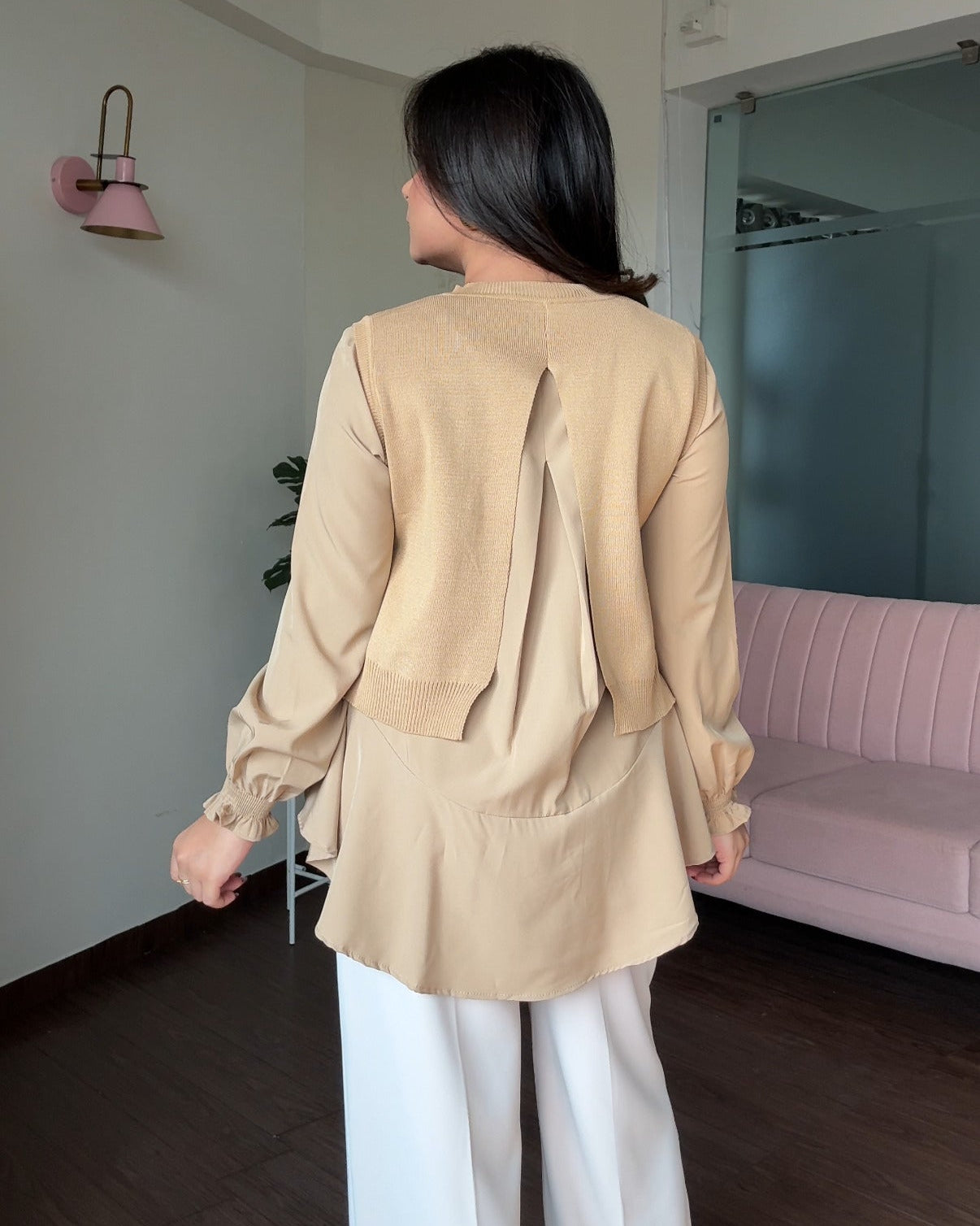 2-Piece Ribbon Bow Detailing Ruffle Blouse With Vest Top