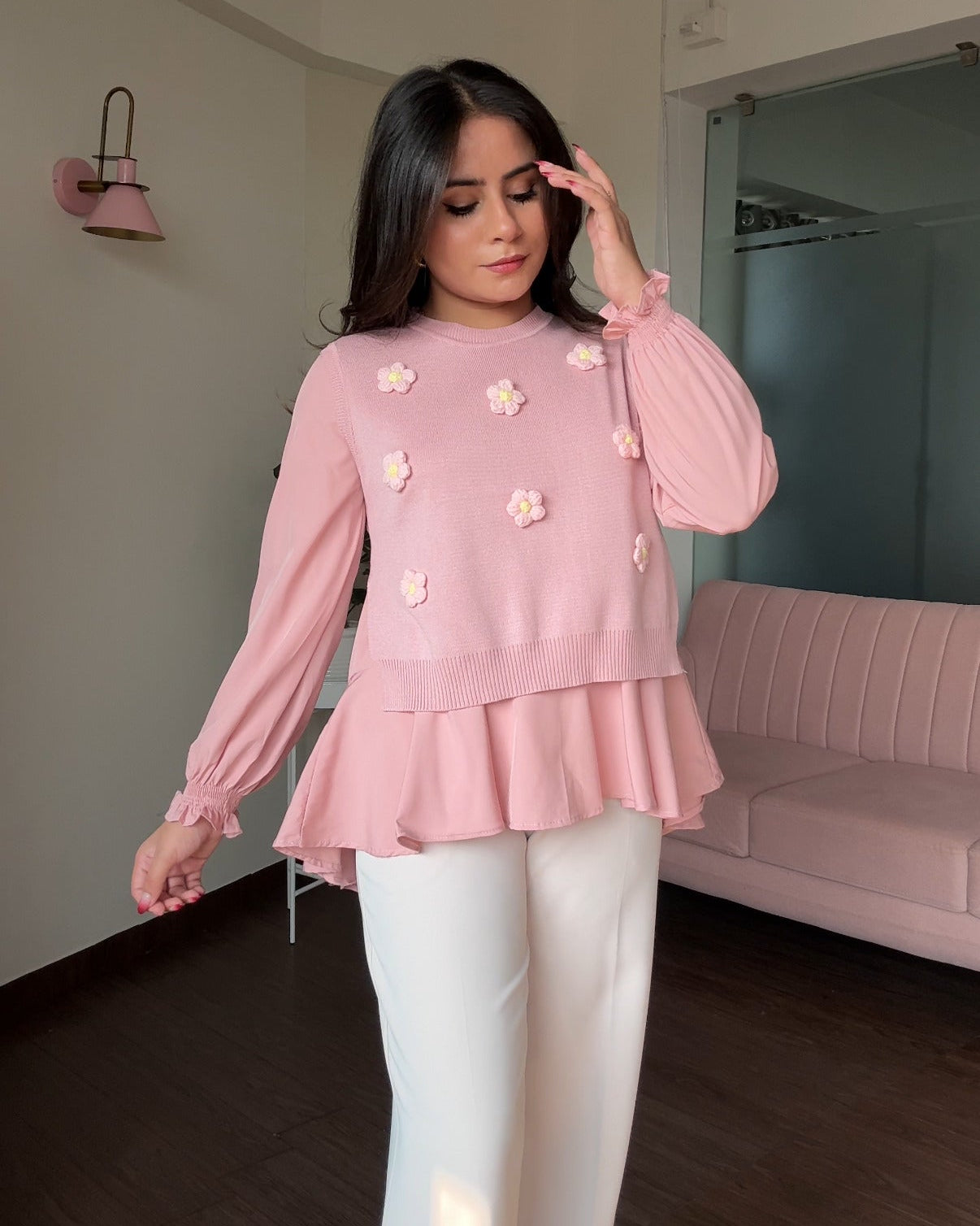 2-Piece 3D Flower Detailing Ruffle Blouse With Vest Top