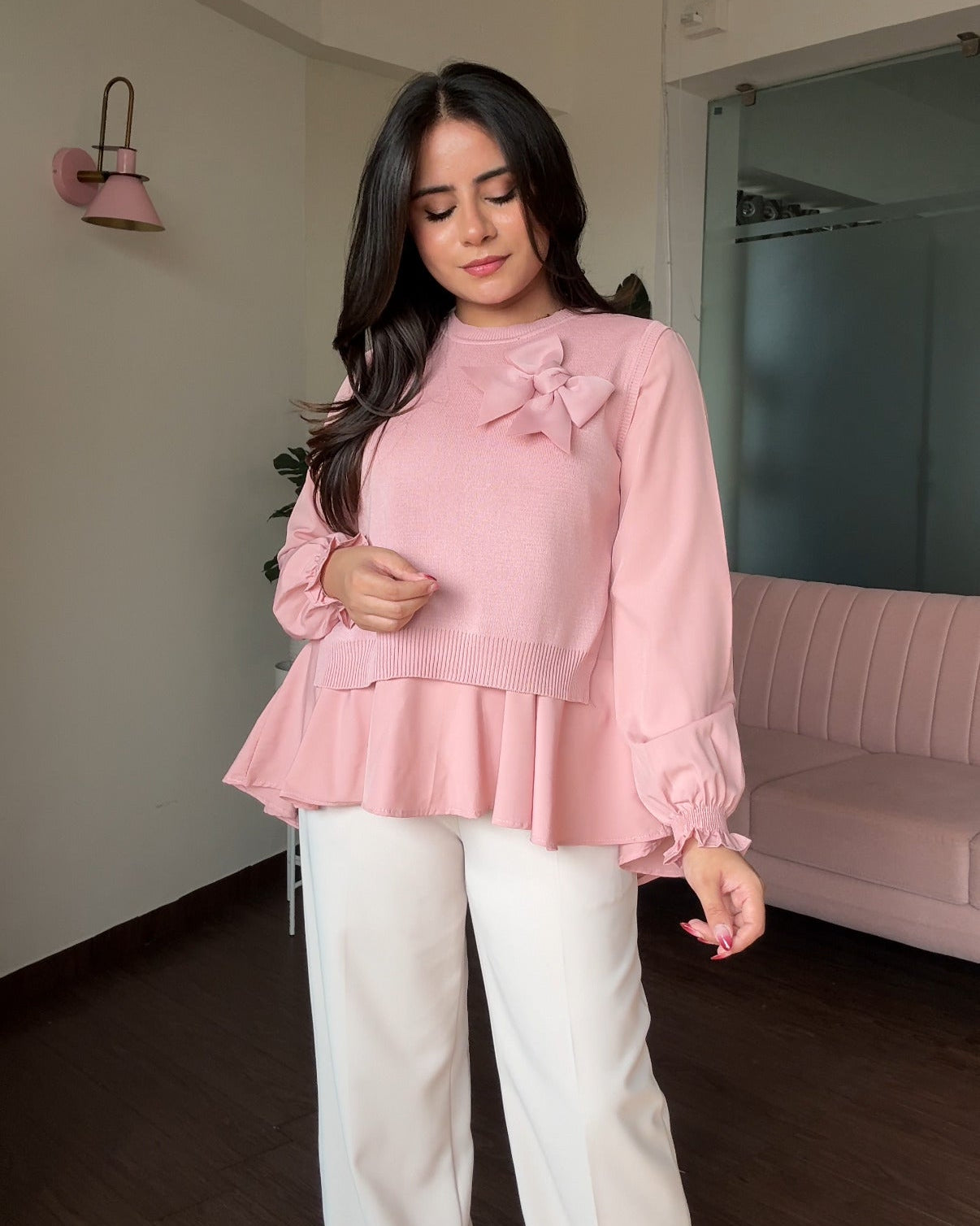 2-Piece Ribbon Bow Detailing Ruffle Blouse With Vest Top