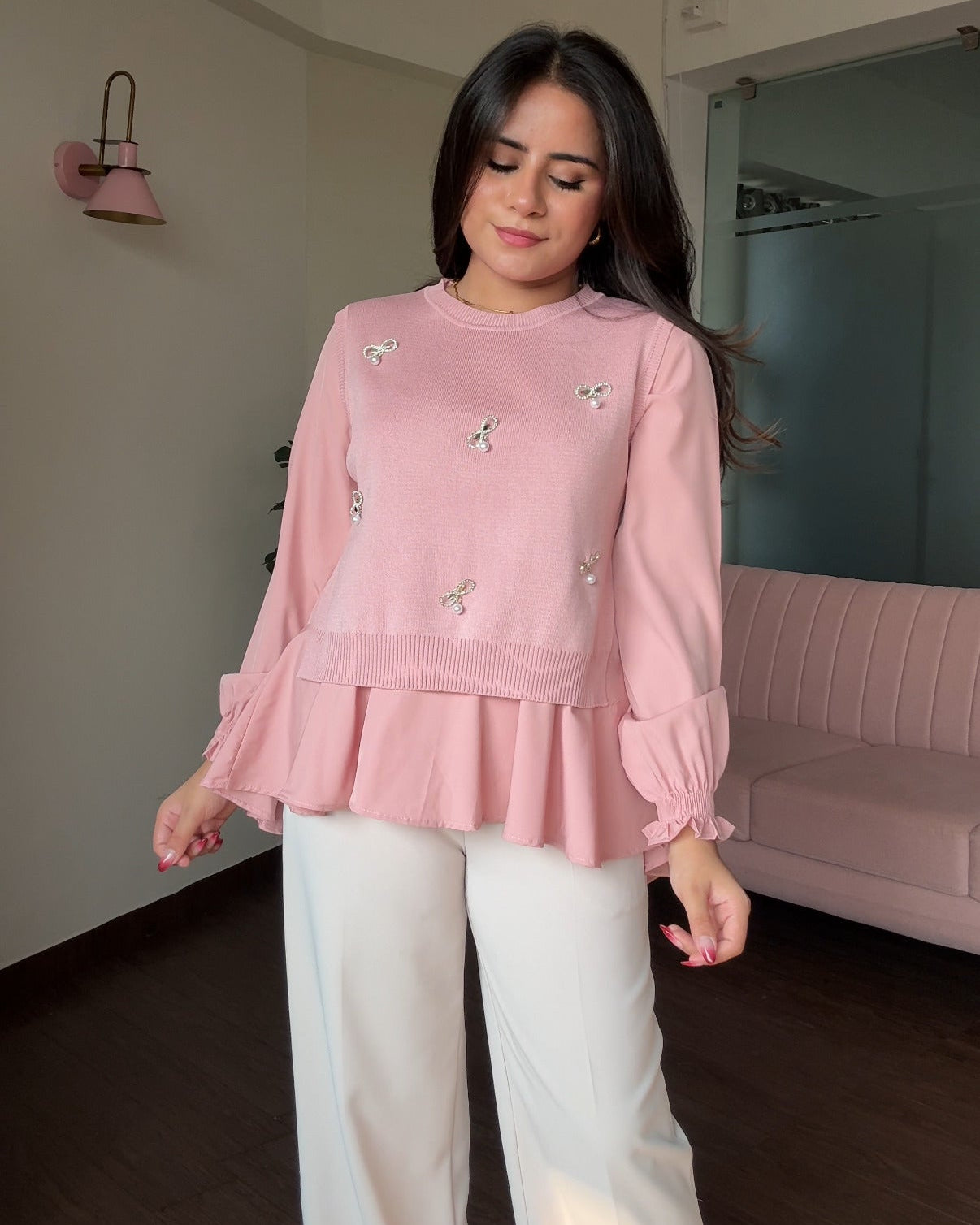 2-Piece Stone Detailing With Pearl Pins Ruffle Blouse With Vest Top