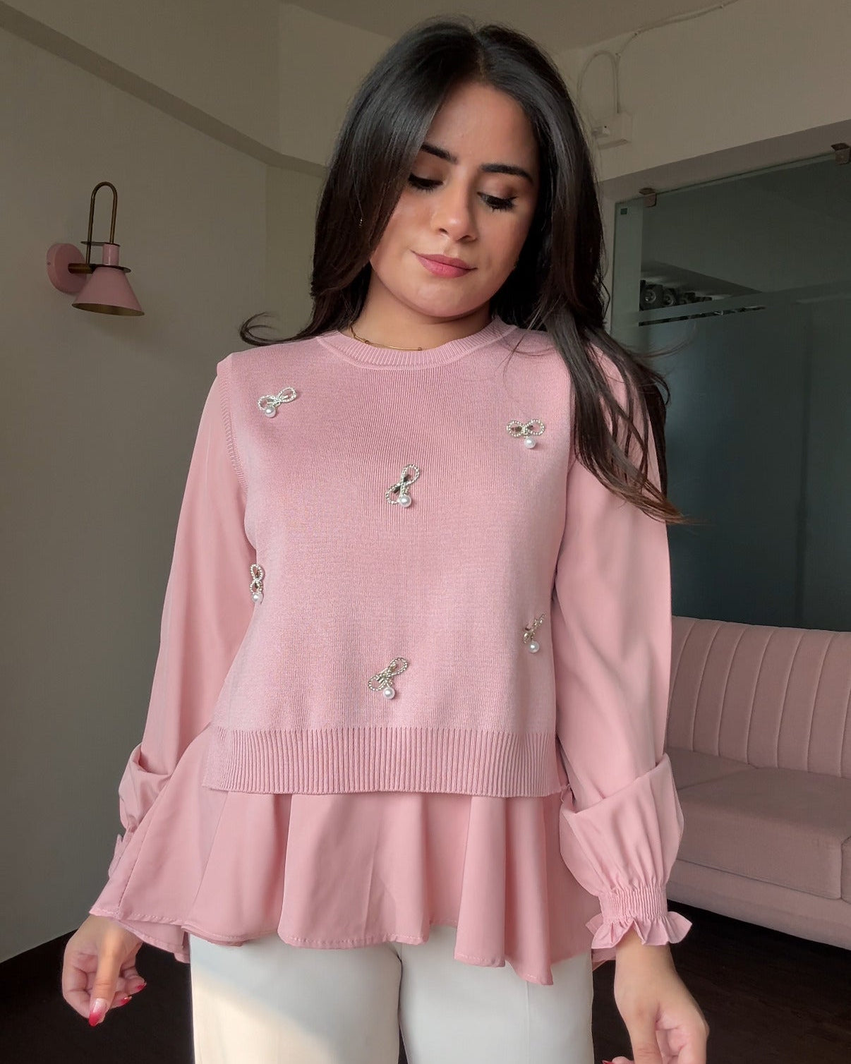 2-Piece Stone Detailing With Pearl Pins Ruffle Blouse With Vest Top
