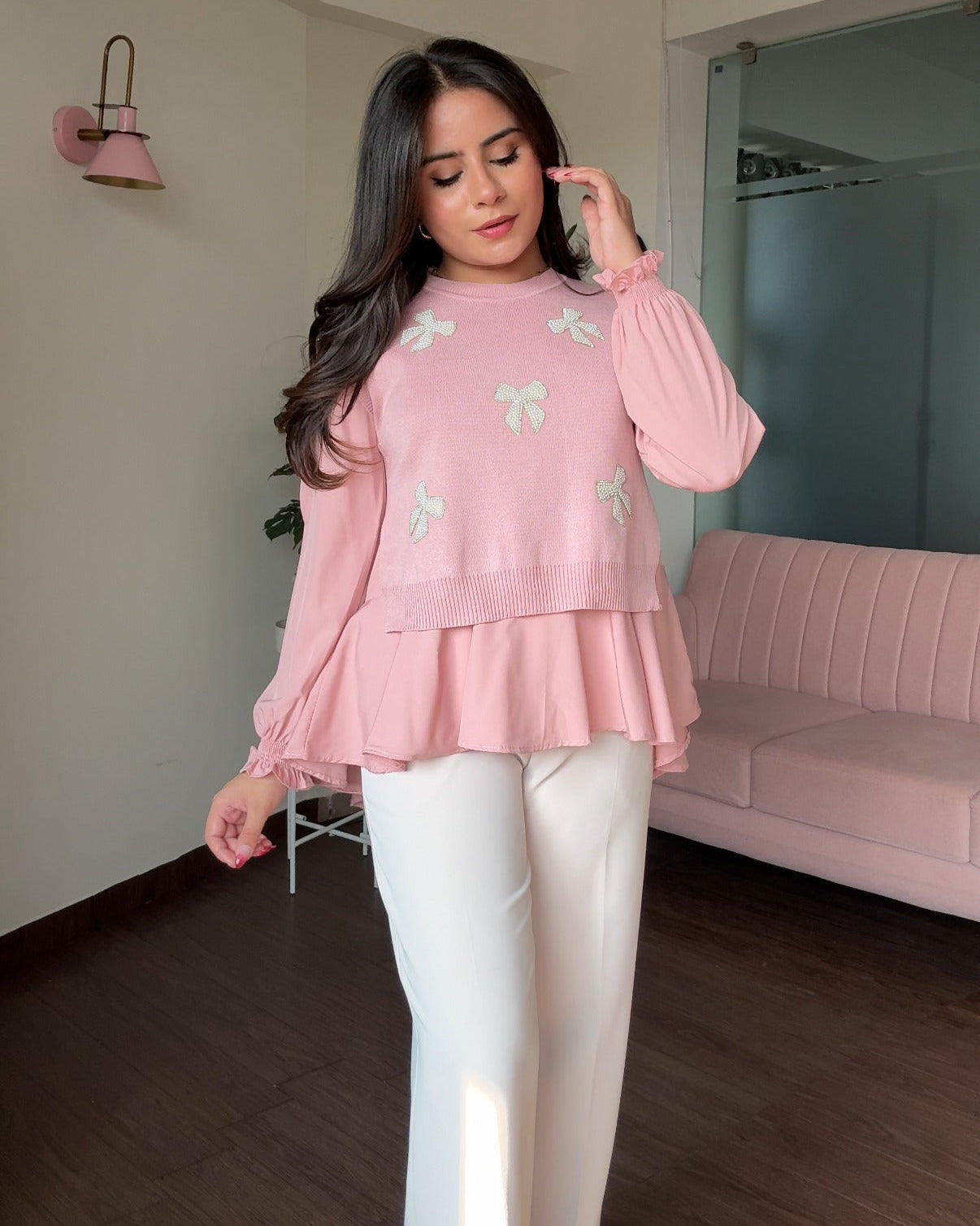 2-Piece Pearl Bow Ruffle Blouse With Vest Top