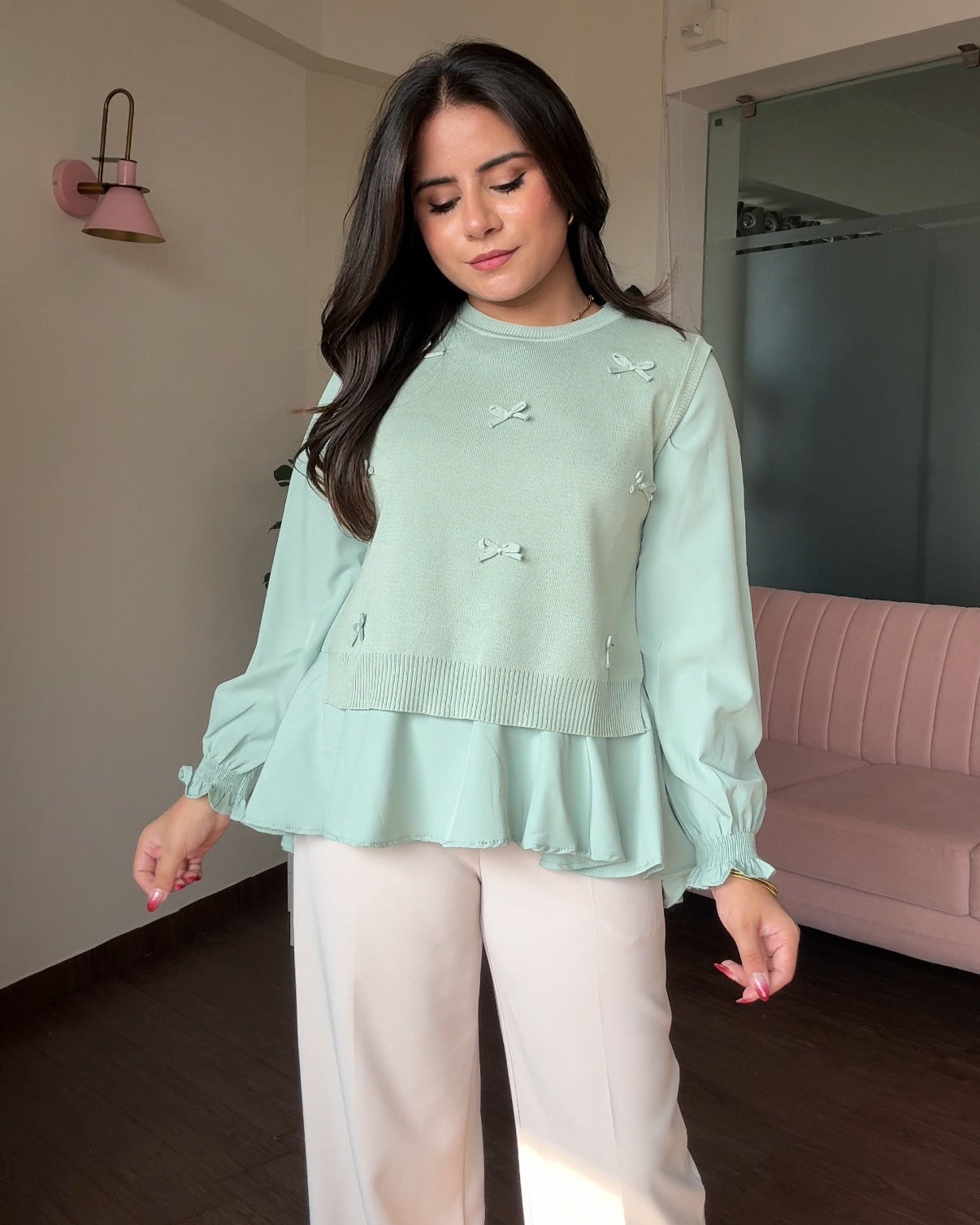 2-Piece Bow Ruffle Blouse With Vest Top