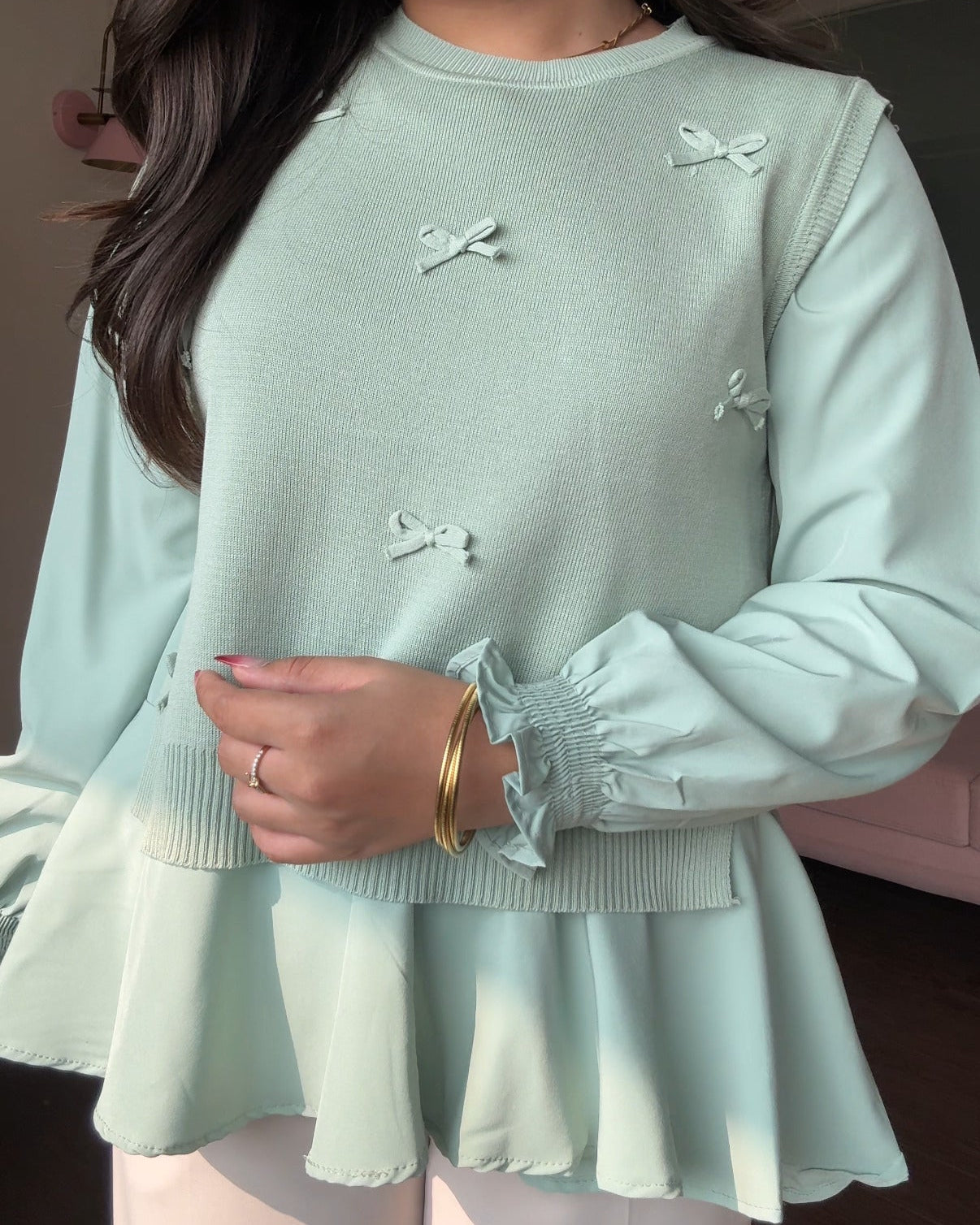 2-Piece Bow Ruffle Blouse With Vest Top