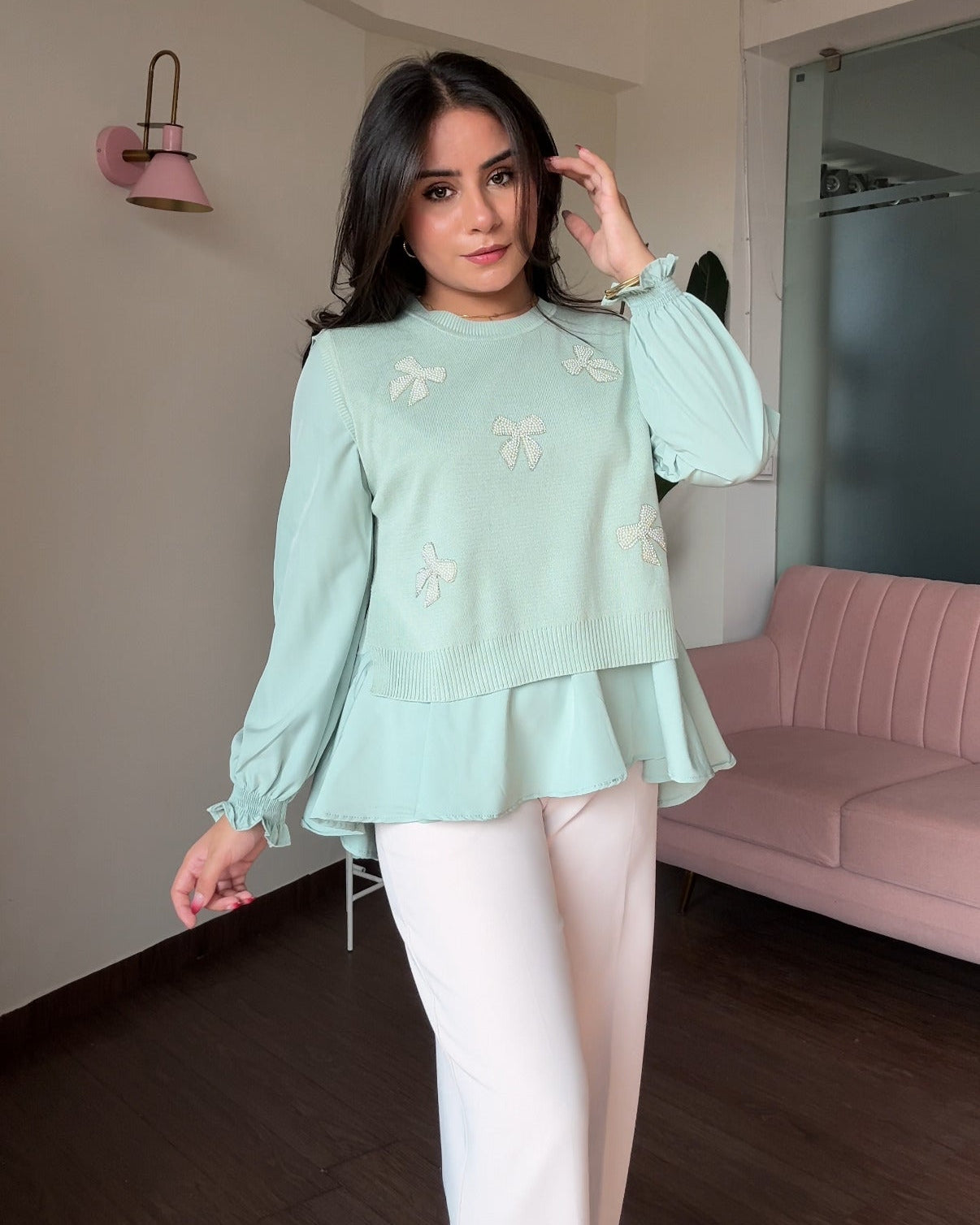 2-Piece Pearl Bow Ruffle Blouse With Vest Top