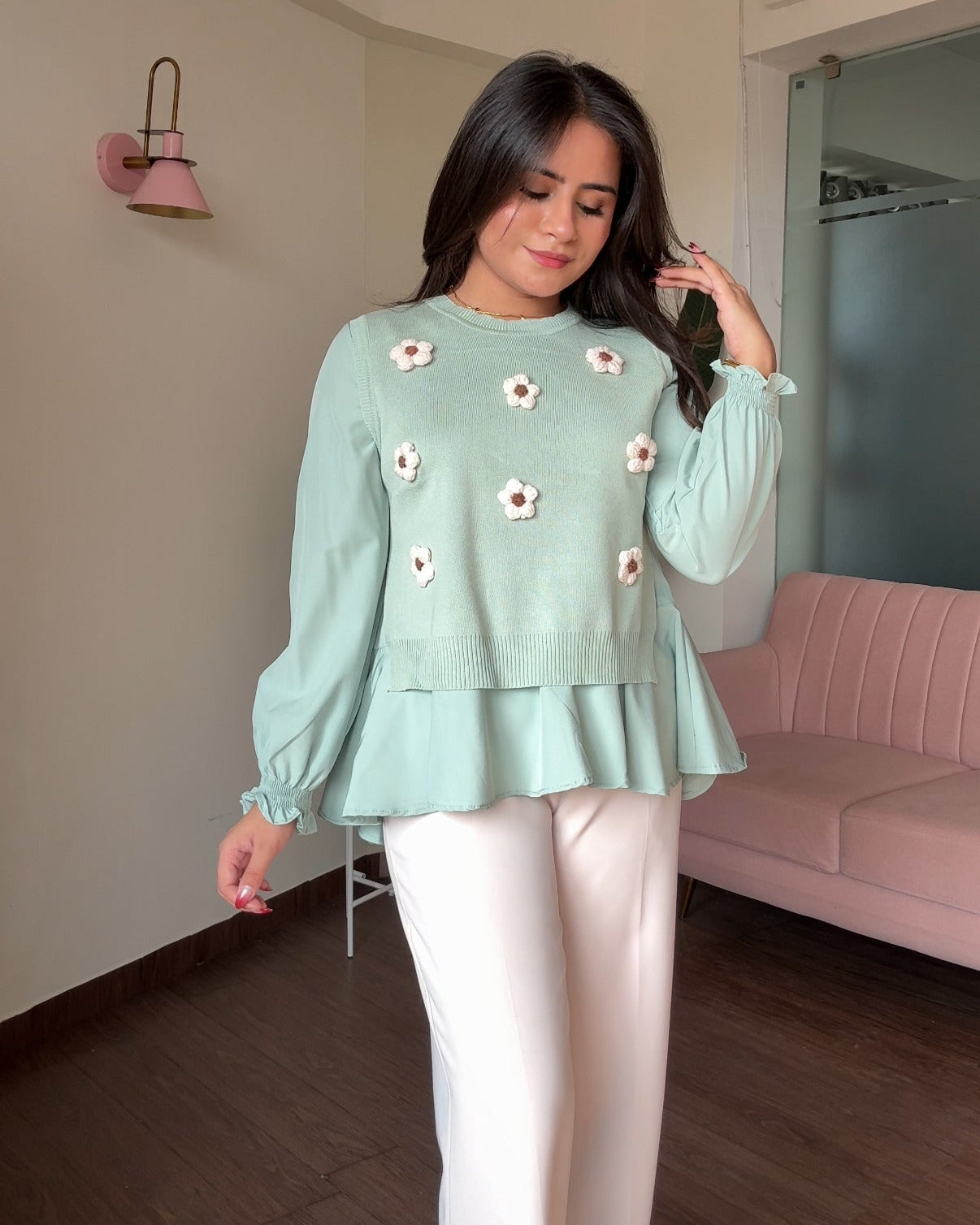 2-Piece 3D Flower Detailing Ruffle Blouse With Vest Top