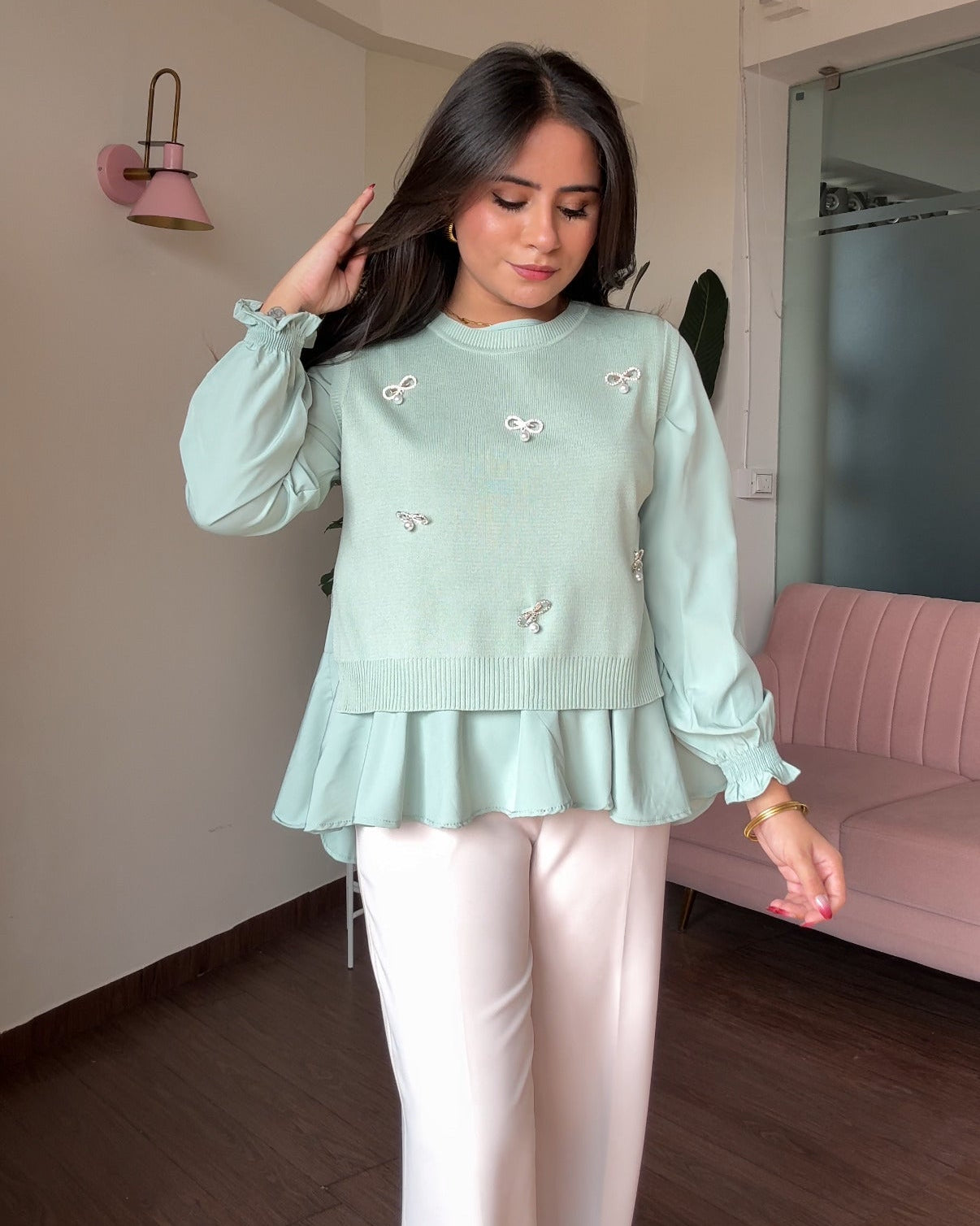 2-Piece Stone Detailing With Pearl Pins Ruffle Blouse With Vest Top