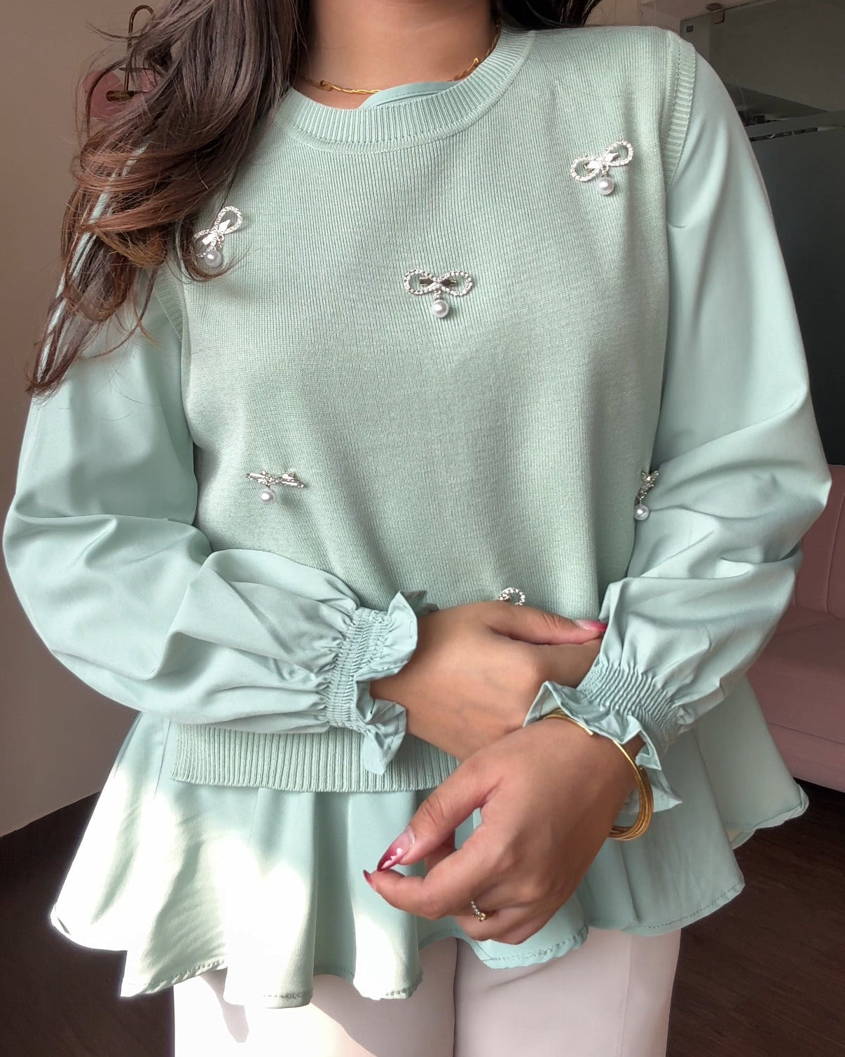 2-Piece Stone Detailing With Pearl Pins Ruffle Blouse With Vest Top