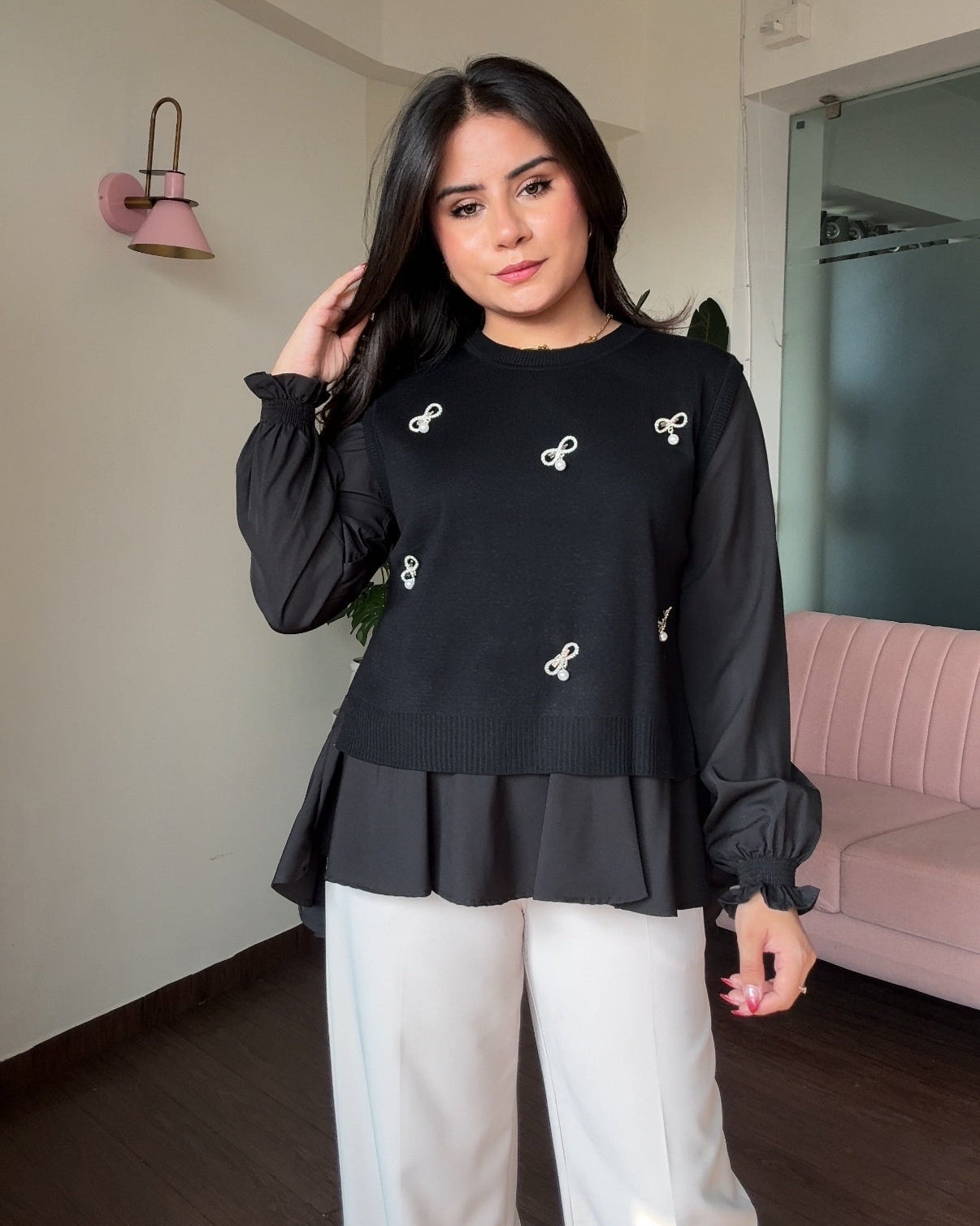 2-Piece Stone Detailing With Pearl Pins Ruffle Blouse With Vest Top