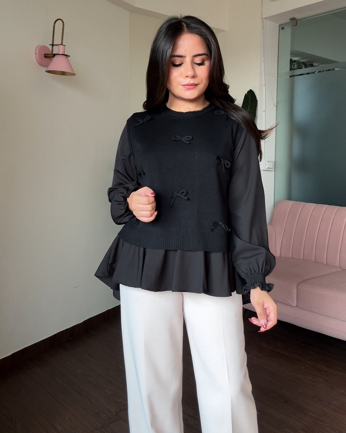 2-Piece Bow Ruffle Blouse With Vest Top