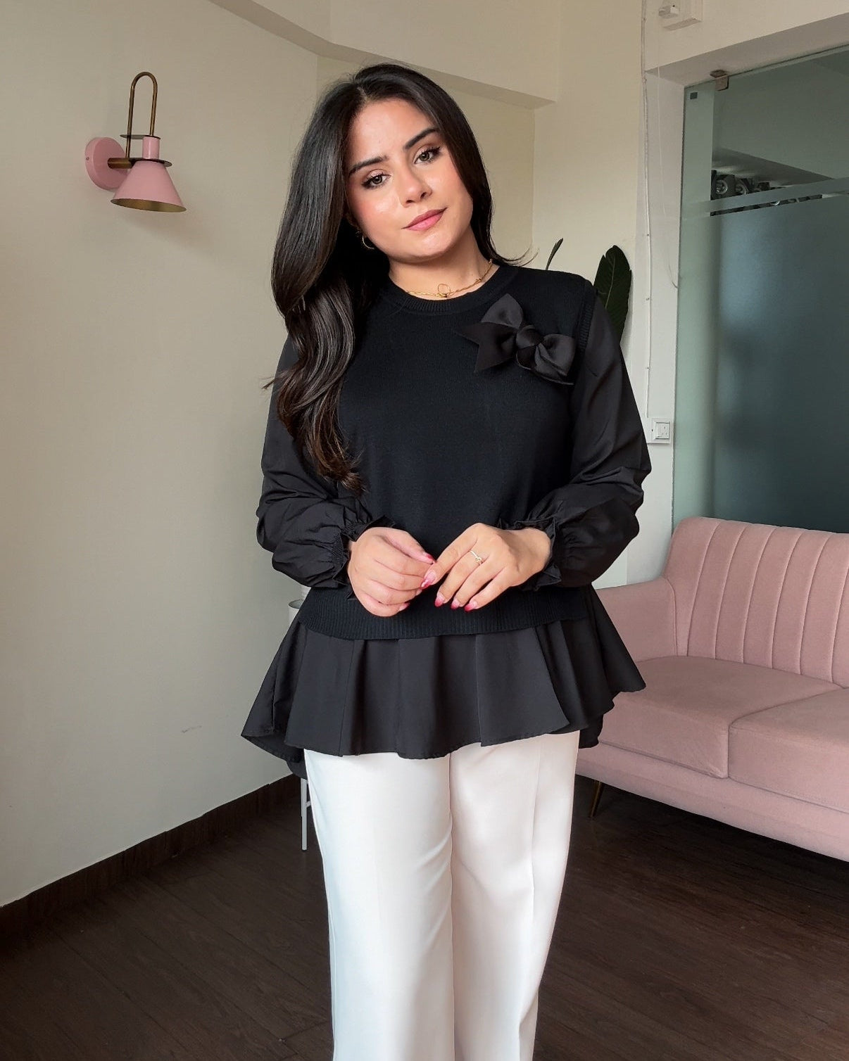 2-Piece Ribbon Bow Detailing Ruffle Blouse With Vest Top
