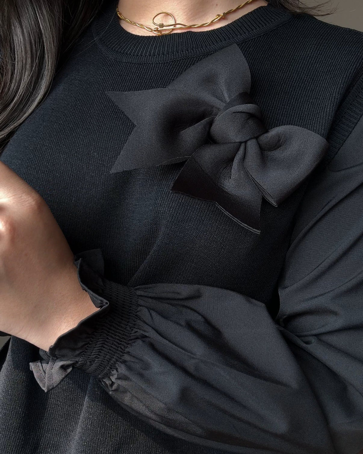 2-Piece Ribbon Bow Detailing Ruffle Blouse With Vest Top