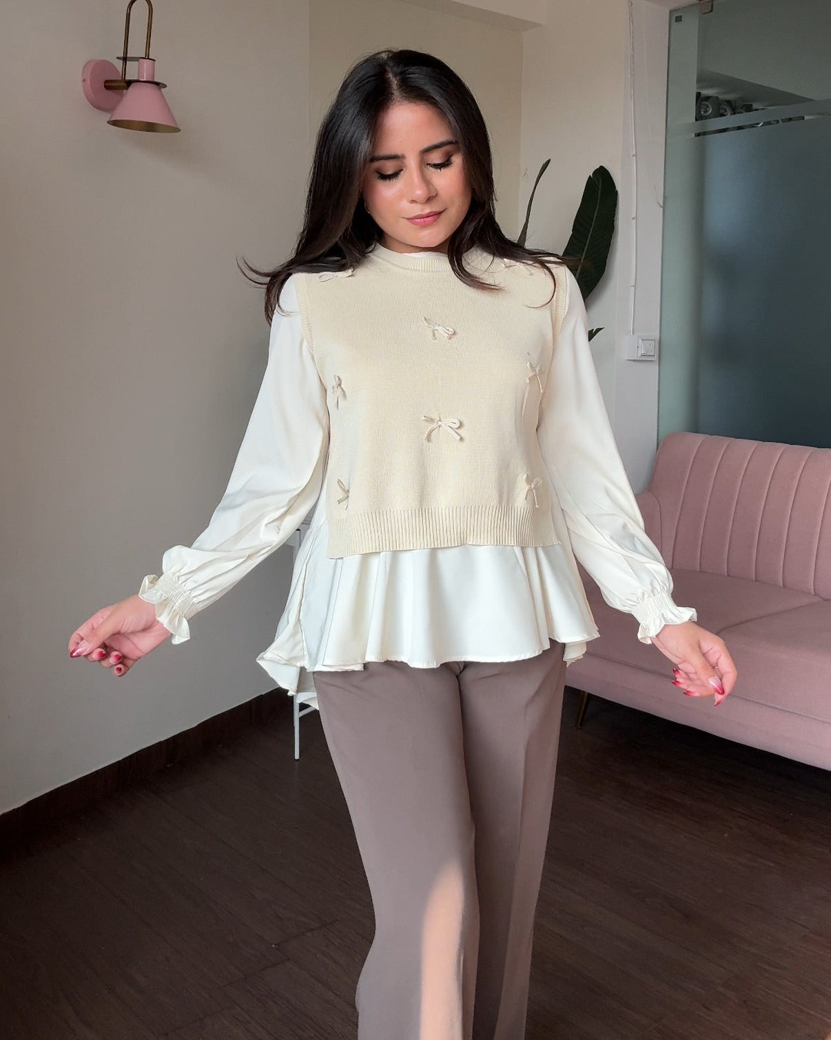 2-Piece Bow Ruffle Blouse With Vest Top